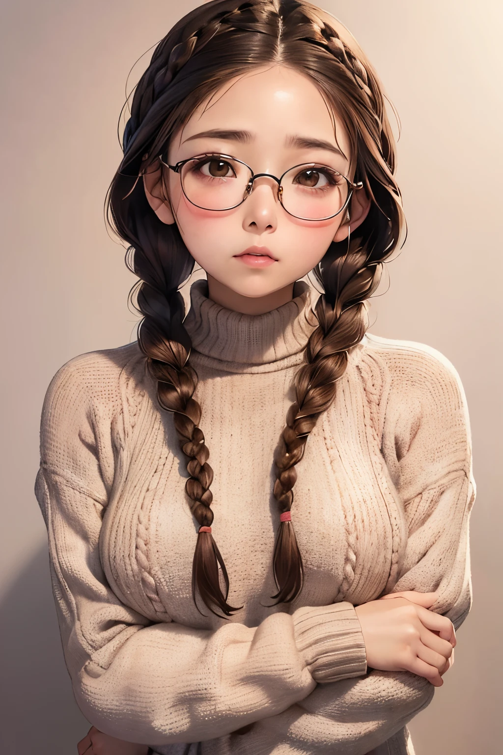 1womanl,Brown hair, ,((Impatient expression)),Beautiful breasts,Sweater knitwear,well-styled,,(Facing the front)(((Blushing cheeks、Surprised look)),(((Braids))),((( Upper body portrait)))Frameless glasses