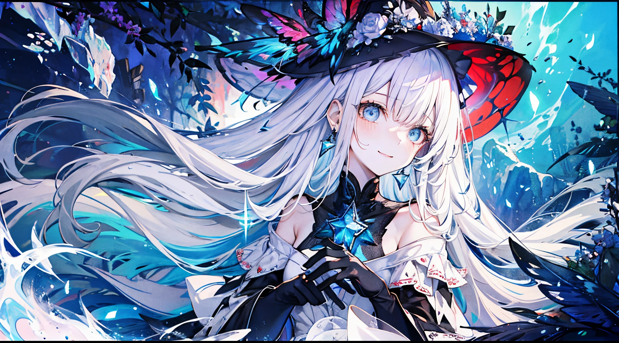 ((tmasterpiece:1.4,Best quality))+,(hyper-detailing)+,(Ultra-detailed eyes)+,(winged ears:1.5),
(cute girls),15year old,(skyblue eyes:1.15),Long gray hair,long blue braids,Bushy hair(wariza:1.2),pale-skinned,ssmile,a seductive smile
(She wears conservative blue, red and black dress,red pattern,Lots of fluff:1.5),(Black gloves:1.4)The sleeves are long,
Black earrings,merfolk,The corals,Menghua,gem jewelry,Ocean of fish and trees,Red witch hat,Conch headdress,harp,singing
(Fishtail:1.1),
(dawn light:1.2),
(Thick black and white:1.16),(depth of fields:1.4),,Complicated details,