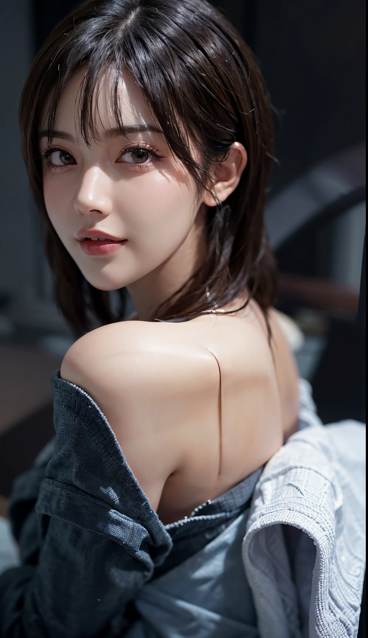Masterpiece,Masterpiece:1.2,Best Quality,More Detail, Hyper realistic,Photo realistic,Out focus, Korean IDOL,Stewardess,20_old_girl,,Dynamic Pose, Whole hot body,Long legs, (Perfect body,Upper body),Head and shoulders portrait, Black eyes,Brown long hair,Small breasts, (loose fit top and overalls),Looking back,Aerith gainsborough \(cosplay\),Sunrise,