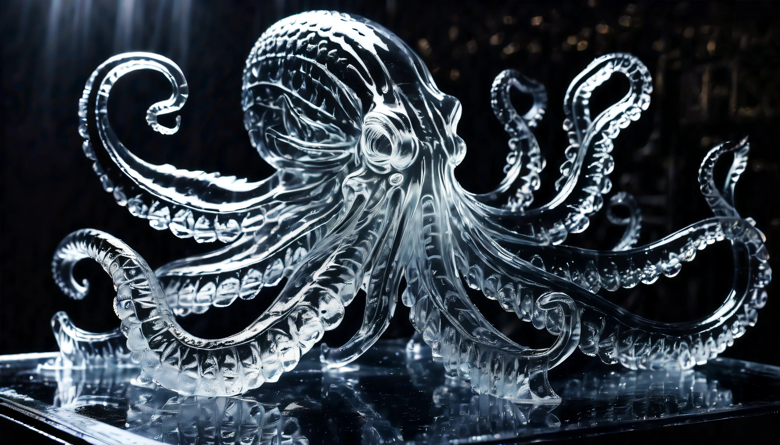 (((imagine a transparent ice sculpture of myth creature kraken with dark fantasy:1.4))), (((large water beauty tank:1.3))), (((transparent ice texture:1.3))), intricately carved with stunning precision and detail, dark fantasy illuminated, (((made of transparent ice:1.4))), high contrast, (((rendered in breathtaking 32k resolution:1.3))), create a truly mesmerizing, intricate details, (((extremely insane light and reflection make beautiful:1.3))), (((radiosity rendered in stunning 32k resolution:1.3))), (((highest quality of ice:1.3))), (((highly quality:1.3))),