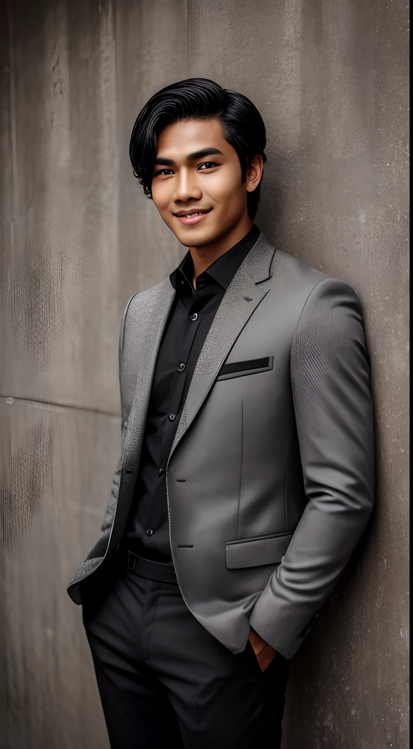 The picture was taken with a Hasselblad H6D 100C camera with a Canon CN7X17 KAS S Cinema Zoom Lens (EF/PL) (very detailed skin: 1. 2), 8k uhd, soft lighting, high quality, film grain,), full body portrait, 18 year old male gender his name is Hardi from minangnese Indonesia in a black suit with buttoned suit, wearing regular black cotton pants, his black straight soft comma hairstyle, he is smiling at the camera, (his eyes do not look stiff when he looks at the camera) the background is a ethnic wall, with beautiful aesthetic light coming from the left corner of the photo, portrait camera angle from above, style: (standing pose facing the camera showing a smile, movement and posture slightly leaning back but not stiff,) skin: Indonesian and masculine skin, Body: (Ideal posture muscular but not overly so,) Hair: Detailed hair strands, straight hair, realistic hair texture, very realistic and black hair color, Eyebrows: Thick eyebrows, realistic eyebrows, detailed texture, Eyes: Oval eyes, realistic eye texture, brown eyes color, realistic eye details, cornea, iris, eyeball, looks natural not stiff,