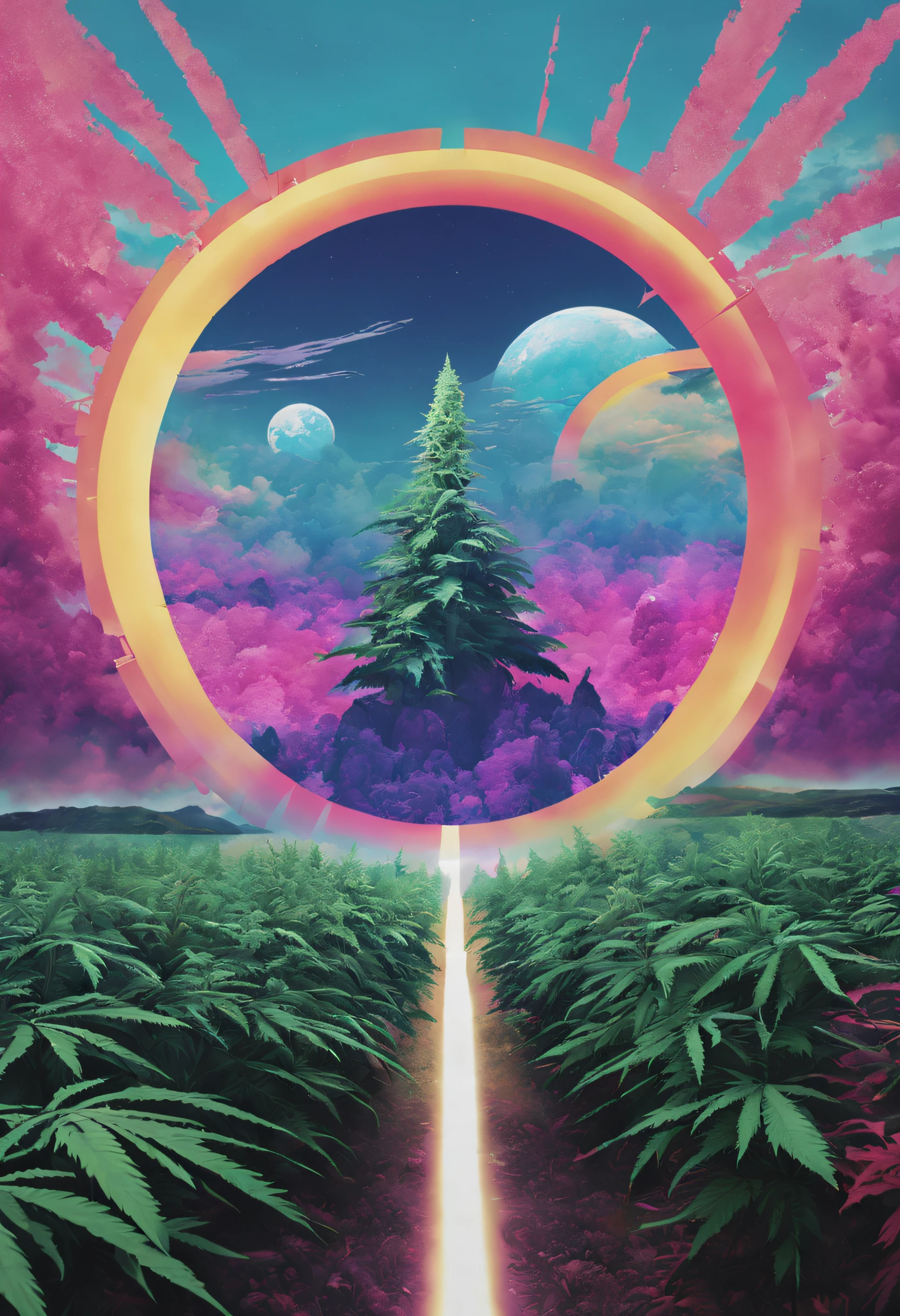 「The future of cannabis fields and Khemri」On the theme of、Drawing a design that connects Kemri and the possibilities of the future。Incorporate glittering colors and glitch effects、Generate images that represent the new world and possibilities of technology。