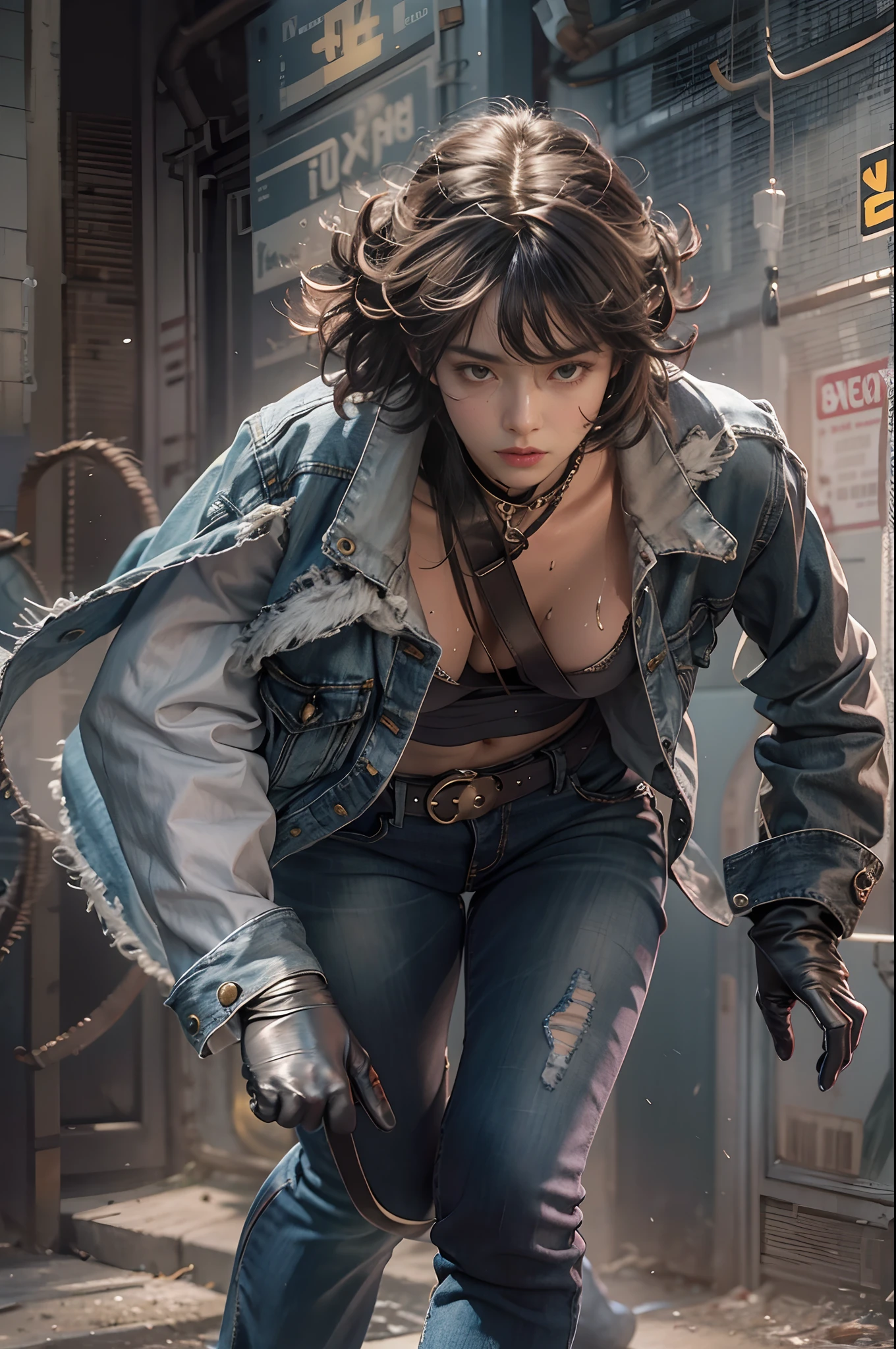 the met、Female Detective、chasing the criminal、((Desperate face))、Running、Sweat flows、Leather Jean、jeans、Cuffed、Batons