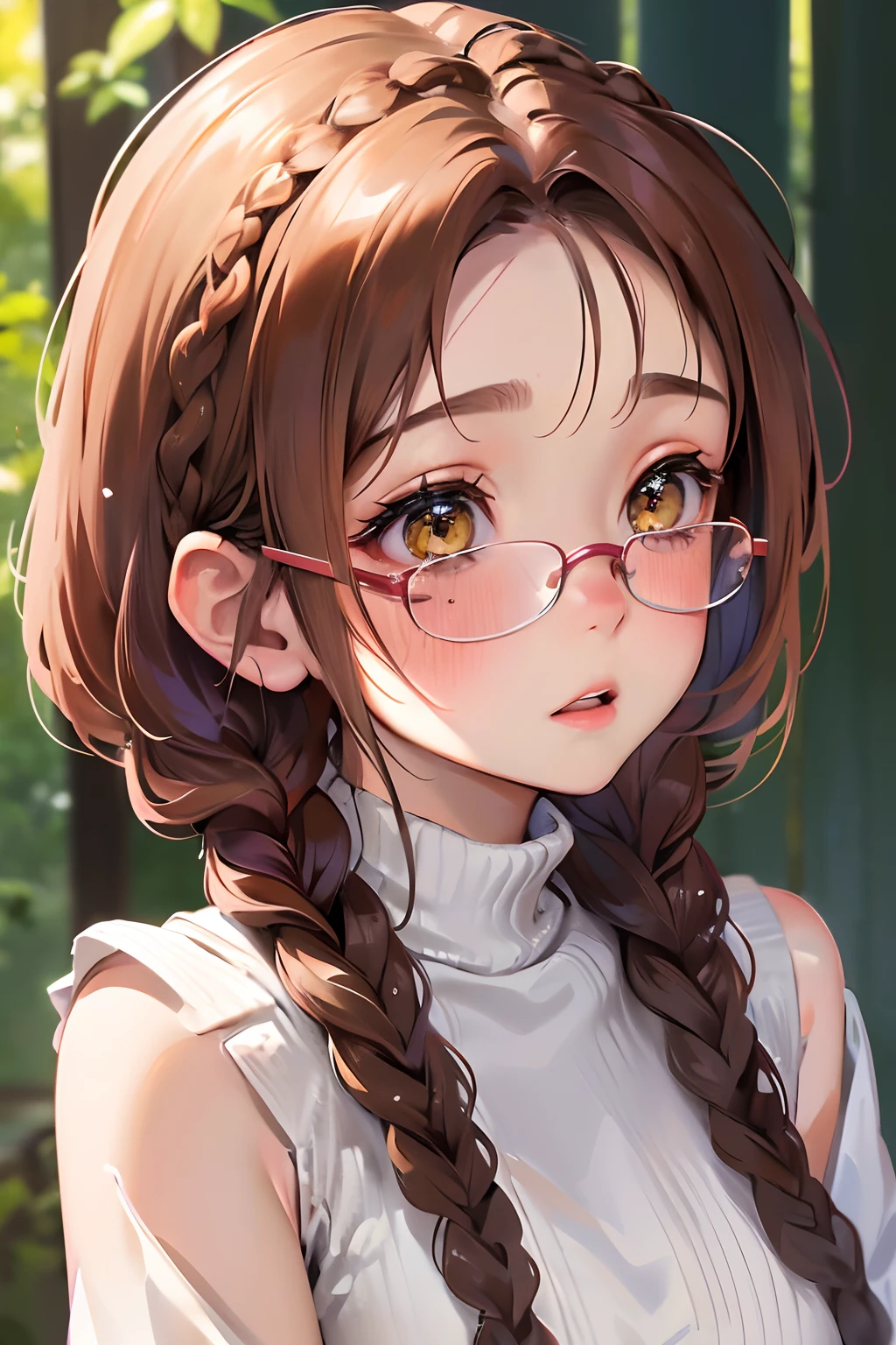 1womanl,Brown hair, ,((Impatient expression)),Beautiful breasts,Sweater knitwear,well-styled,,(Facing the front)(((Blushing cheeks、Surprised look)),(((Braids))),((( Upper body portrait)))Frameless glasses