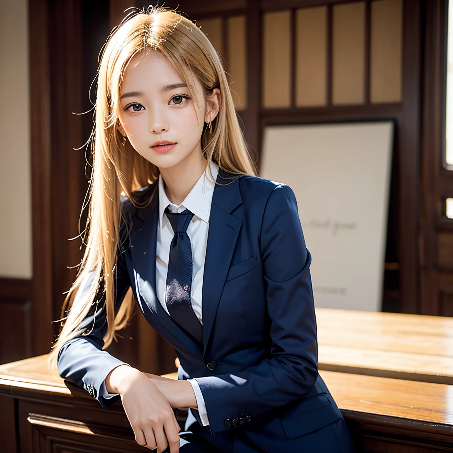 (masutepiece, Best Quality:1.2), 8K, Official art, Full body photo, full body Esbian、Fashionable background、luxurious backdrop、Emma fastening her tie.trouser、Cute smile、cute butt、Suits、A dark-haired、years、small tits、A delightful、A smile、unbelievable Ridiculous, (Upper body, Dark blue suit:Cute Tie 1.4), Beautiful Girl, Pretty Face, arching back down, cute butt、Gold hair ornament on hair、Wearing a cute suit、close up, Wearing a suit, Short sleeve, gardenia, violaceaess, Teen,, Looking at Viewer, Film grain, chromatic abberation, Sharp Focus, face lights, Dynamic lighting, Cinematic lighting, Eyes and faces with detailed, Bokeh background, (Tie with Emma written on it、1 copy:1.2)