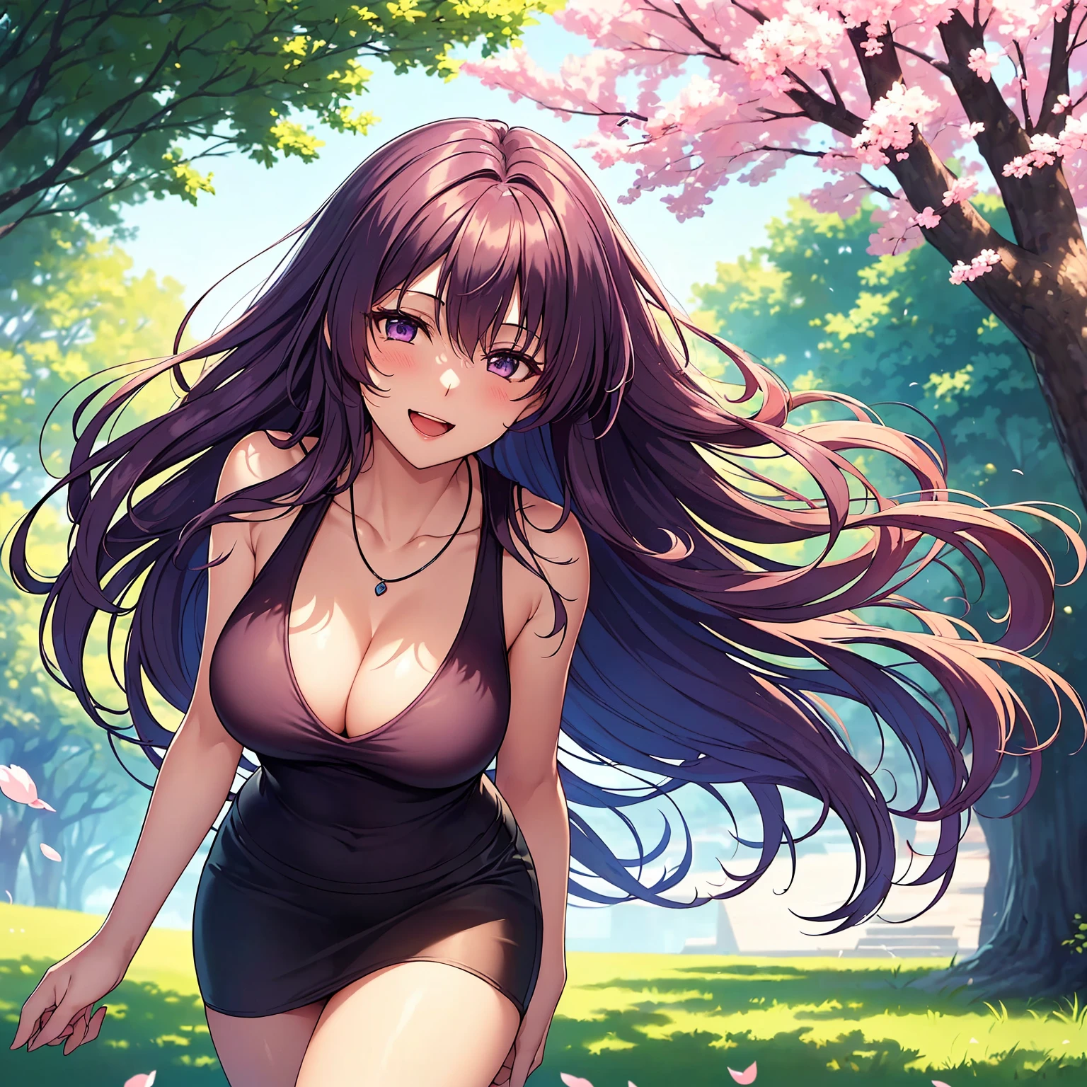 (top-quality、masterpiece、very high res、An ultra-high picture quality、High quality pixels)、(She is a mysterious and bewitching woman, And she is 18 years old,1 person,Single,独奏:1.5)、(She is a very beautiful woman with a beautiful face)、(Beautiful face written in detail,Beautiful body,Strong-willed eyes,Purple eyes,beautiful colored hair,Beautiful skin texture)、(Beautiful hair quality,Variety of hairstyles)、(She has a slender figure and her breasts are D cups)、(Bewitching look,Lovely smile,Smile, Open mouth,),(Sleeveless knitwear,a miniskirt,1 necklace,shoulders are exposed),(A path lined with flourishing cherry blossom trees,The cherry tree),(model poses,modelshoot,Magazine shooting,Hair flutters under the influence of the wind),The wind is blowing、Beautiful Art Style, an animated character、(The whole picture、Detailed picture、accurate anatomy、Defect-free images、extremely detailed picture、Accurate images、Perfect Image 1.5)、(Best Shot Photo 1.2)