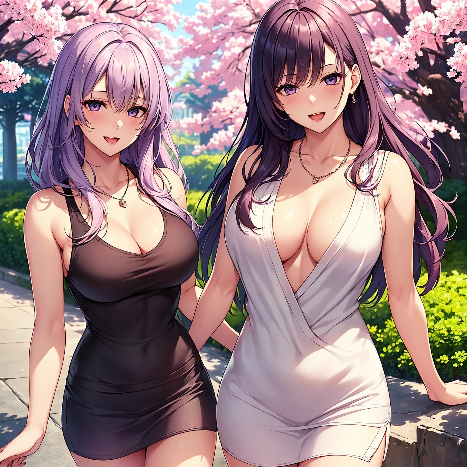 (top-quality、masterpiece、very high res、An ultra-high picture quality、High quality pixels)、(She is a mysterious and bewitching woman, And she is 18 years old,1 person,Single,独奏:1.5)、(She is a very beautiful woman with a beautiful face)、(Beautiful face written in detail,Beautiful body,Strong-willed eyes,Purple eyes,beautiful colored hair,Beautiful skin texture)、(Beautiful hair quality,Variety of hairstyles)、(She has a slender figure and her breasts are D cups)、(Bewitching look,Lovely smile,Smile, Open mouth,),(Sleeveless knitwear,a miniskirt,1 necklace,shoulders are exposed),(A path lined with flourishing cherry blossom trees,The cherry tree),(model poses,modelshoot,Magazine shooting,Hair flutters under the influence of the wind),The wind is blowing、Beautiful Art Style, an animated character、(The whole picture、Detailed picture、accurate anatomy、Defect-free images、extremely detailed picture、Accurate images、Perfect Image 1.5)、(Best Shot Photo 1.2)