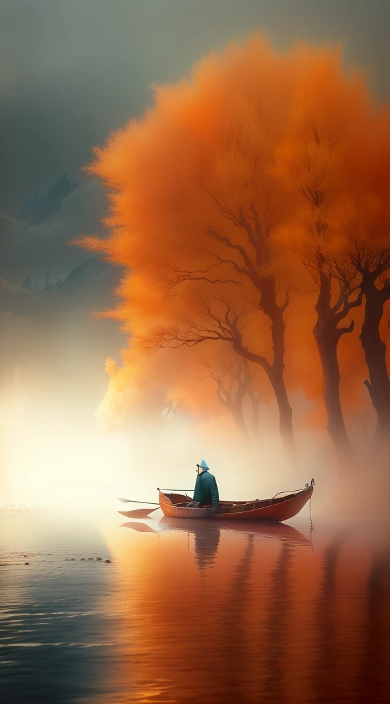 Alafid man in boat on lake,A tree in the background, Surrealism Diminas Plankovich, author:Gediminas Plankvičus, Inspired by Gediminas Pranckevicius, Zzislaw Beksinski, Mysterious orange fog, inspired by Igor Kieryluk