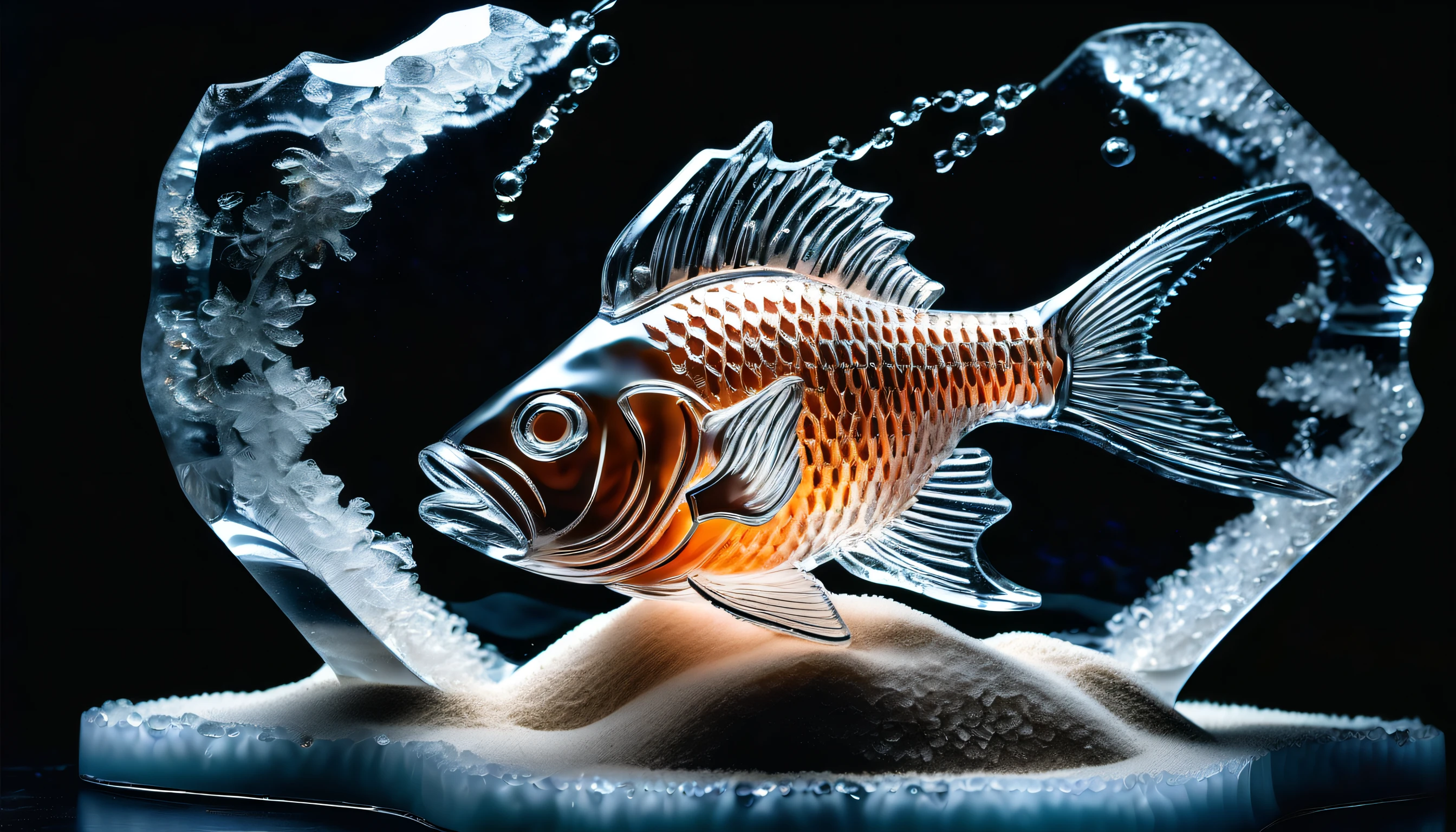 (((imagine a transparent ice sculpture of fish:1.4))), poke head out of the sea, sea snow of ice sculpture, (((glistening in a water tank filled with sparkling coral and sandy beach:1.3))), (((transparent ice texture:1.3))), intricately carved with stunning precision and detail, illuminated by a dreamy spotlight that casts enchanting shadows, made of transparent ice, high contrast, rendered in breathtaking 32k resolution, breathtaking display of artistry and imagination, create a truly mesmerizing, intricate details, (((extremely insane light and reflection make beautiful:1.3))), (((radiosity rendered in stunning 32k resolution:1.3))), (((highest quality of ice:1.3))), (((highly quality:1.3))),