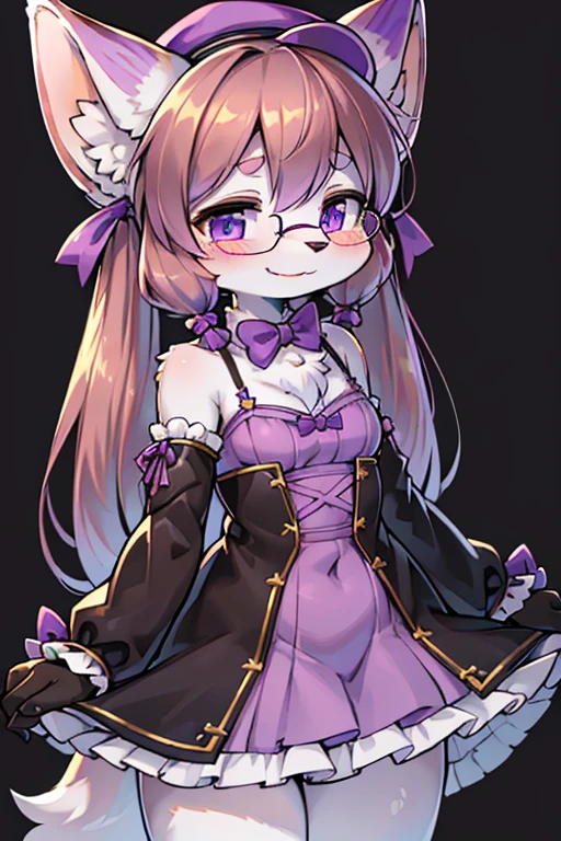 absurdres, furry, female furry, anthro, detailed portrait of a anthro woman, loli, extreme detail, detailed fluffy fur, full body, blushing, detailed eyes, (detailed lighting), (cinematic lighting), (masterpiece, hi res, RAW photo, high resolution, high details, best quality), high definition, (high sharpness:1.3), white arctic fox ears, arctic fox tail, white fur, sidelocks, low twintails, brown hair, violet_colored_streaked_eyes, purple striped beret, criss-cross straps, purple and violet frilled checkered dress, bowtie on dress, bows in twintails, happy, smiling, purple clothing, glasses, white hands,