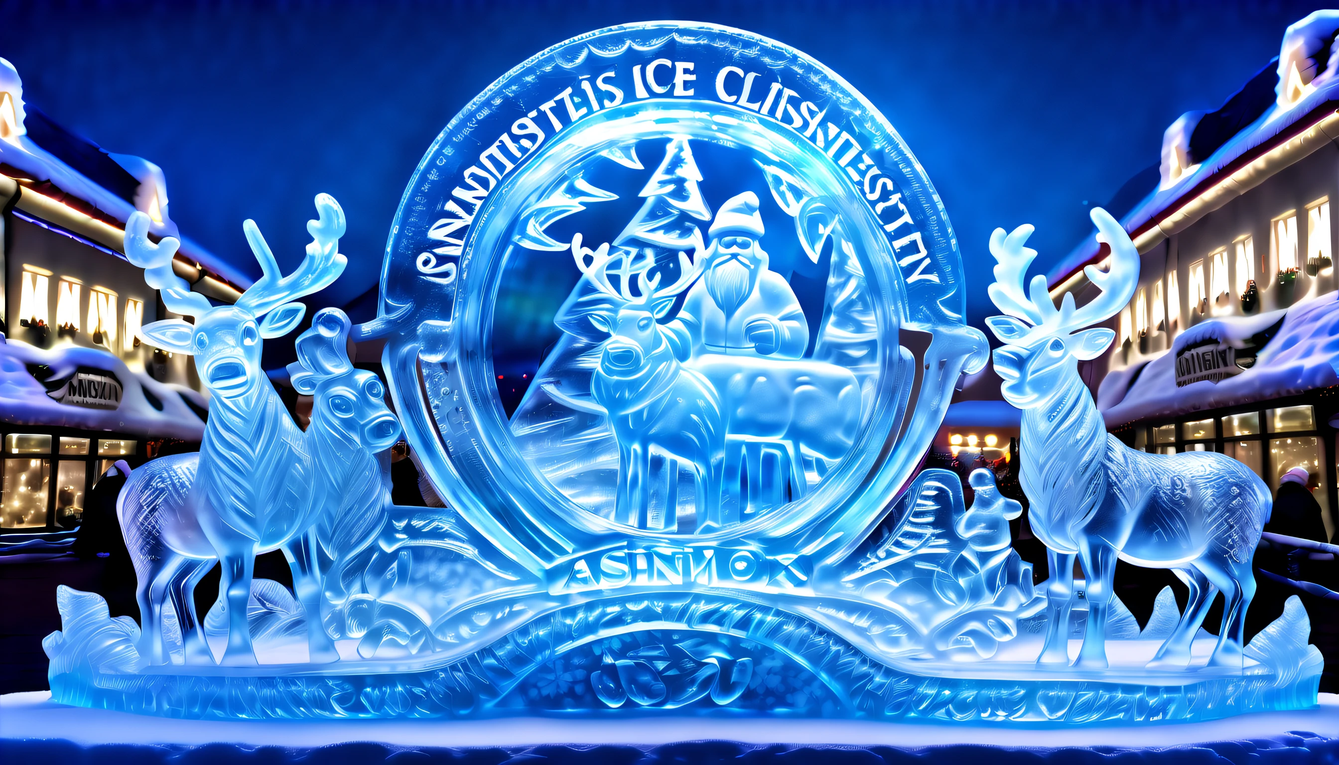 stunning ice sculpture of Santa and his reindeer, snow and ice festival sign background, behold the breathtaking beauty of ethereal fantasy-inspired ice sculpture, transparent ice, (((intricately carved with exquisite detail and touch of cuteness:1.3))), high resolution, create a truly mesmerizing, intricate details, (((extremely insane light and reflection make beautiful:1.3))),, (((radiosity rendered in stunning 32k resolution:1.3))), highest quality, highly quality,