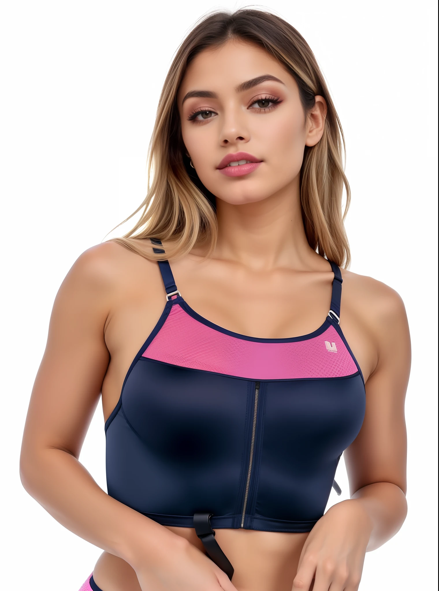 um close de uma mulher com uma blusa preta e rosa, Titular Top, Esporte bom, Topo de colheita, Bralette, Matte Navy - Bodysuit Azul, Titular Top, topo de corte, corpo feminino, brasileiro, sport bra and dark blue shorts, pink body harness, sport bra and shirt, halter neck, traje de leotard da marinha, t-topo