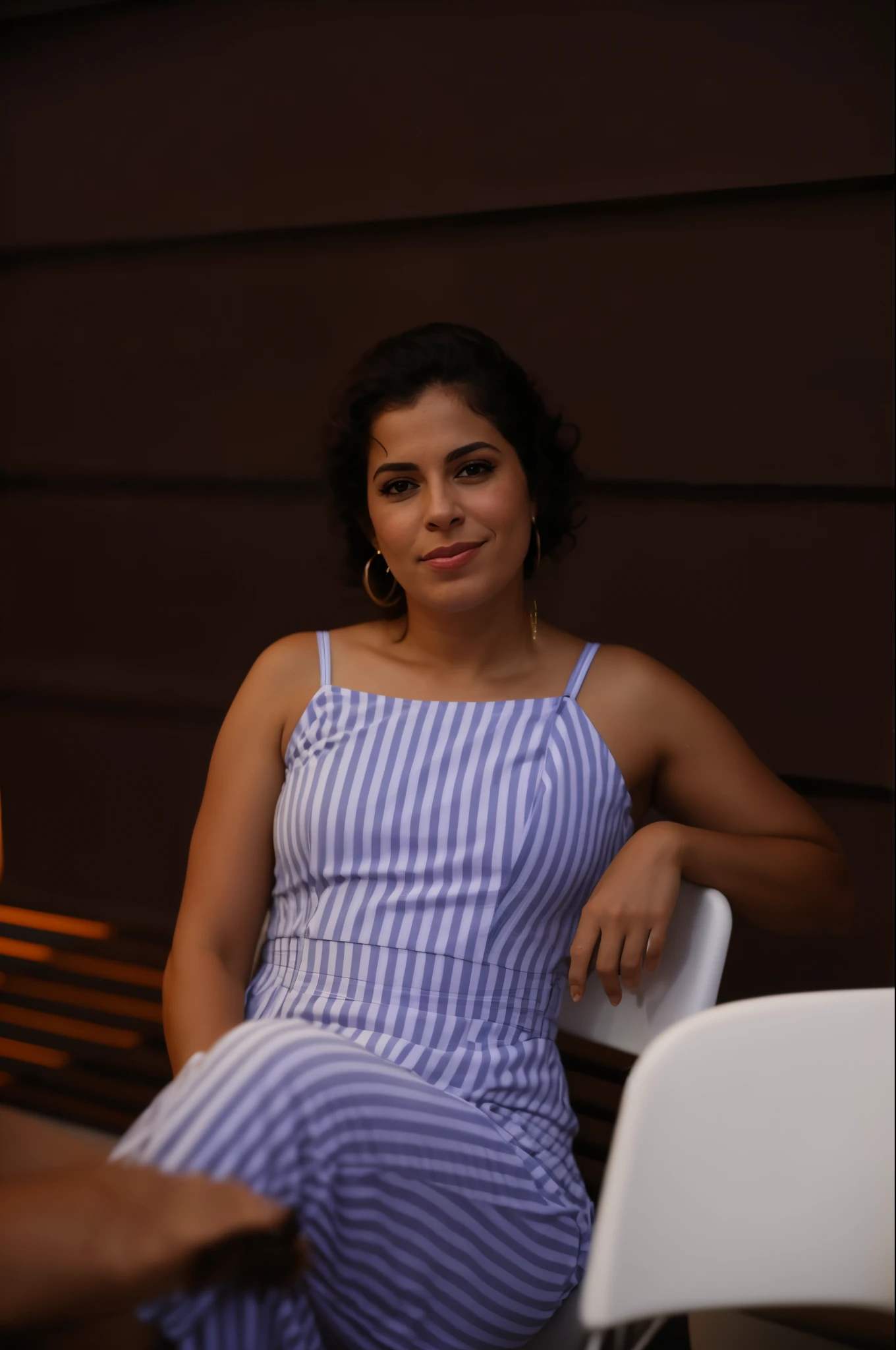 mulher arafa sentada em uma cadeira com um vestido listrado, Alanis Guillen, Lorena Avarez, Mulher de 30 anos de Cuba, fernanda suarez, Directed by: Nandor Soldier, Malika Favre, linda senhora, julia fuentes, Pose casual, imagem de perfil, by Amelia Peláez, Valentina Embaralhamento, ISO baixo