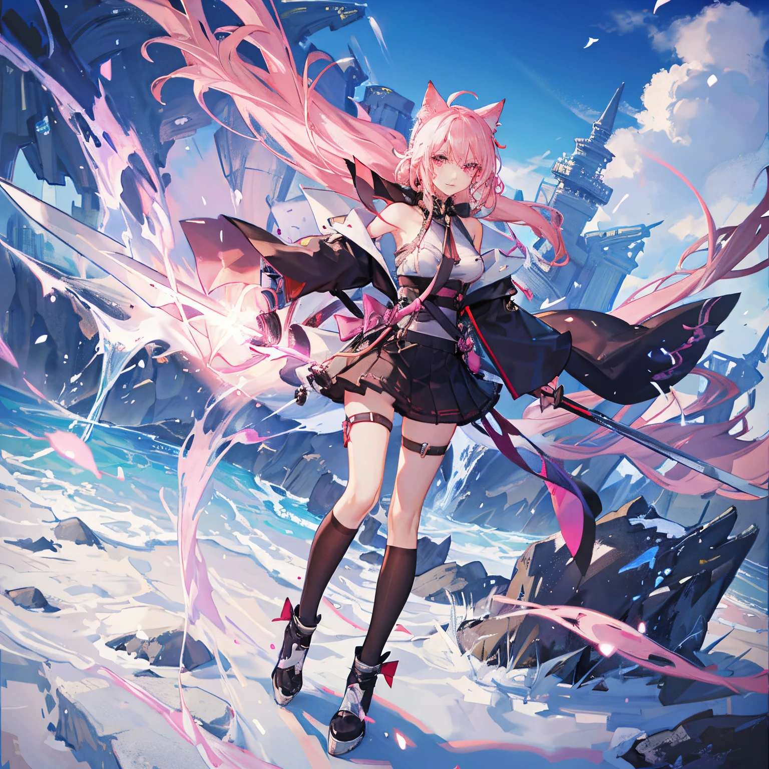 "anime girl, 1 person, pink hair, pink cat ears, pink eyes, women's shirt, tie, with takana twin swords on back, takana sword, women's black off-the-shoulder jacket, black miniskirt, big breasts  , there are ice crystals flying around on his back, holding a sword, dual takana swords, smiling triumphantly, solo, frontal view, standing cross-legged .(full HD 4K+ image )"