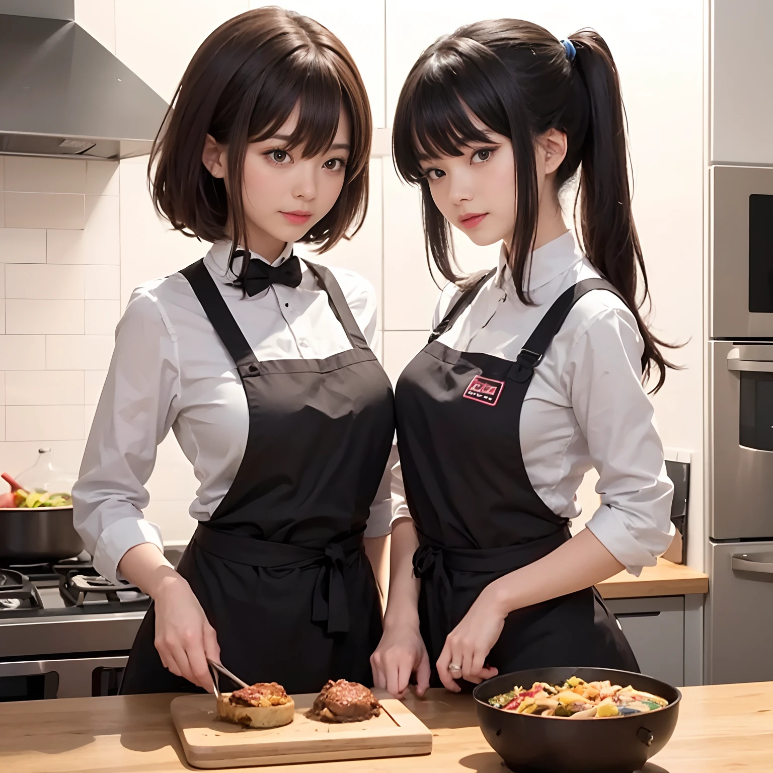 Two cute girls cooking side by side,Both are idol-class cuteness,enjoy cooking,One person has long black hair and large breasts...,One of them has short brown hair.、the chest is flat,tre anatomically correct,kitchen stove.masterpiece,hiquality,Correct,
