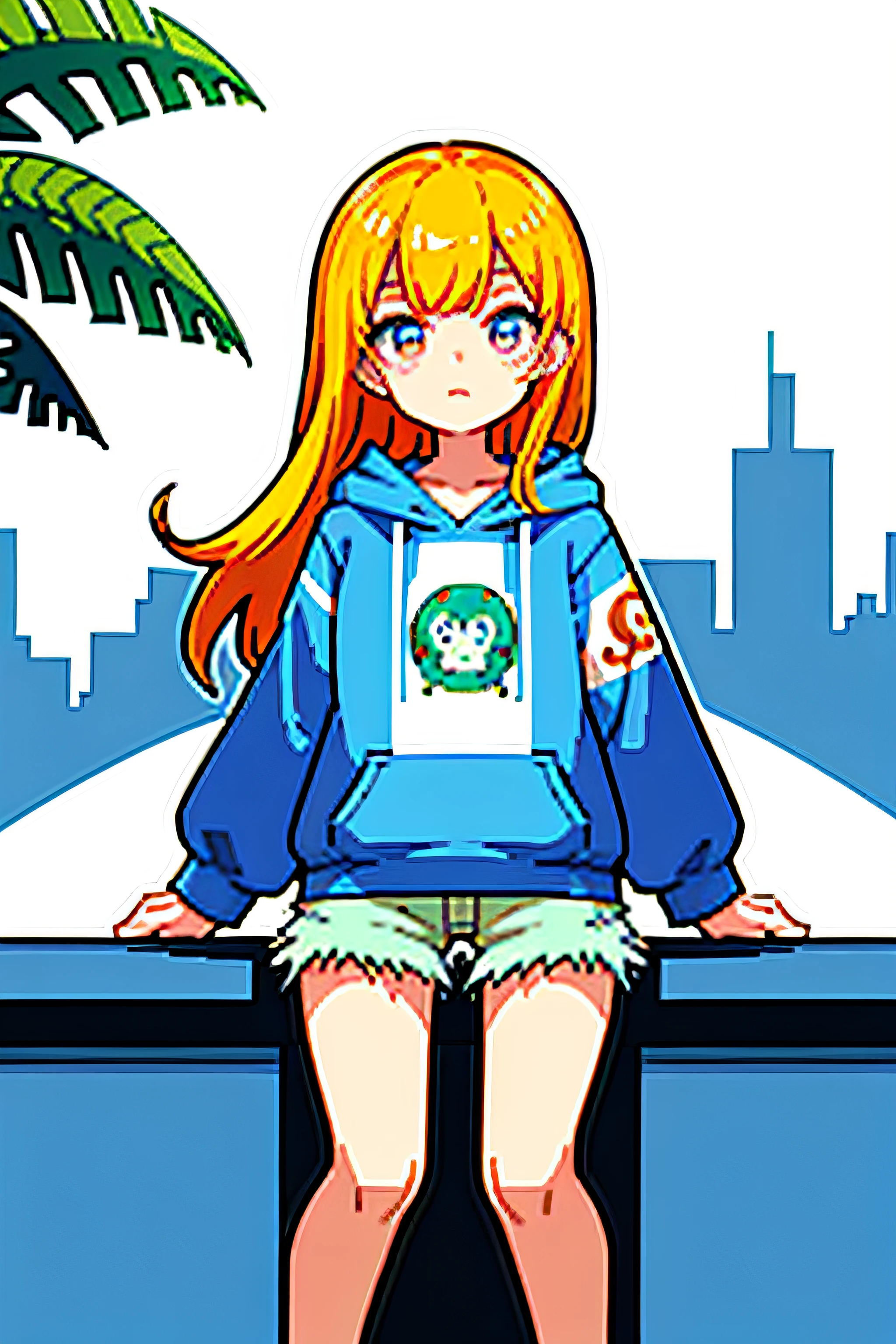 masutepiece, Best Quality, hight resolution, Solo Focus, thick outlines, Cute, character pastel color palette, 1girl in, Solo, Long blue hair, cotton candy pink eyes, :3, Looking at Viewer, Winters, Outdoors, dark green hoodie、orange accent, A city scape,、White headphones、I have a tattoo on my thigh、Denim shorts、white thighhig、Yellow hair、Grab a Starbucks coffee、Longhaire、girl who likes bands