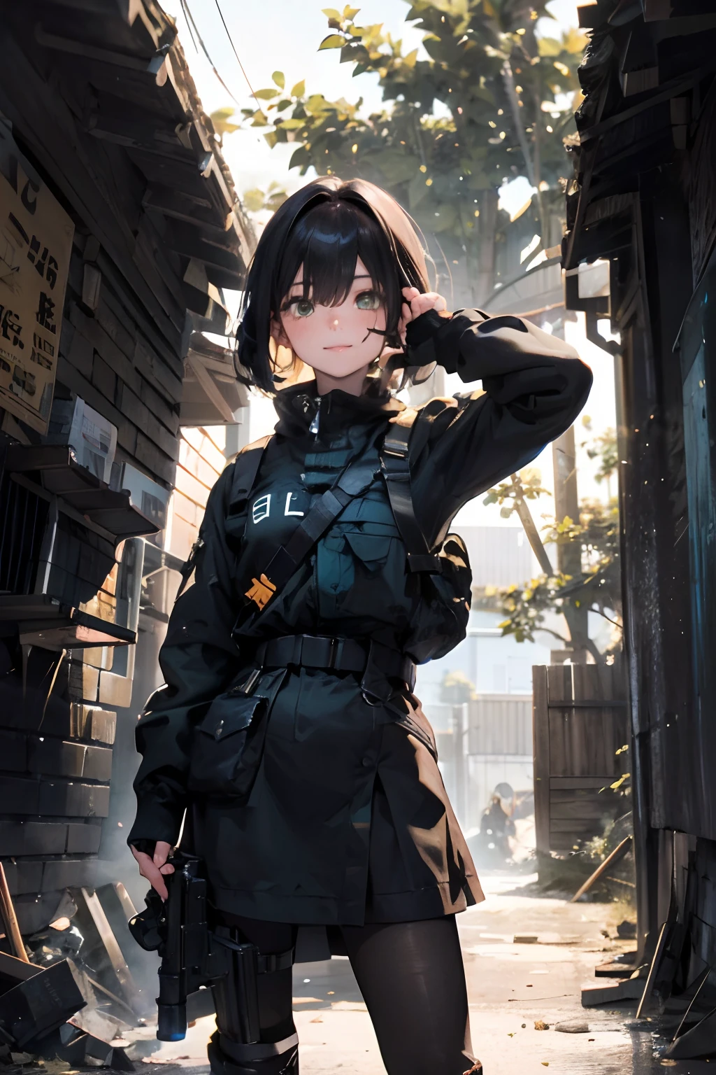 a 20 yo woman、a blond、A smile、turned around、(hi-top fade:1.3)、skirt by the、dark themed、Muted Tones、Subdued Color、highly contrast、(natural skin textures、Hyper-Realism、Soft light、sharp)、{{Masterpiece, top quality, highly detailed CG, unified 8k wallpaper, movie lighting, lens flare}}, 1 girl holding a rifle through the wall, wide view, thick body, long blonde hair soaring in the wind, green eyes, (holding a weapon, holding a rifle, aiming, aiming: 1.4), gun, h&k hk416, carbine, open fire, rubble, ruins of conflict areas, plumes, nitric smoke, blast waves, Flying bullets, sniper, 35mm, f/1.8, night