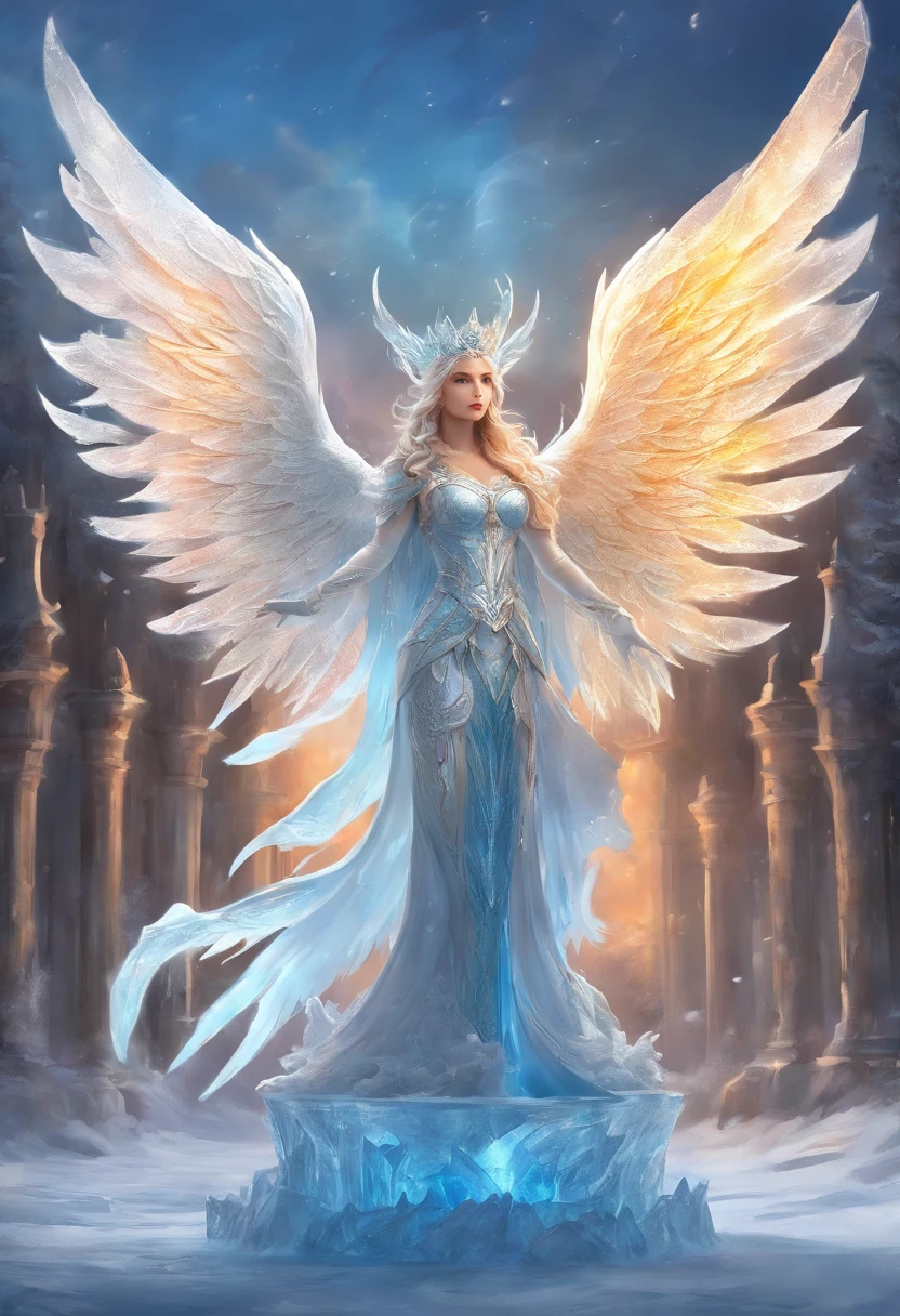 fantasy art, RPG art, PEIceSculpture a picture of an (ice sculpture: 1.5) (ultra detailed, Masterpiece, best quality: 1.4) of an (icy: 1.4) female angel (ultra detailed, Masterpiece, best quality: 1.3) spread angel wings angel_wings (ultra detailed, Masterpiece, best quality: 1.3) made from ice, fiery halo red fire, flame hair, fantasy temple background best quality, 16k, [ultra detailed], masterpiece, best quality, (ultra detailed), full body, ultra wide shot, photorealistic