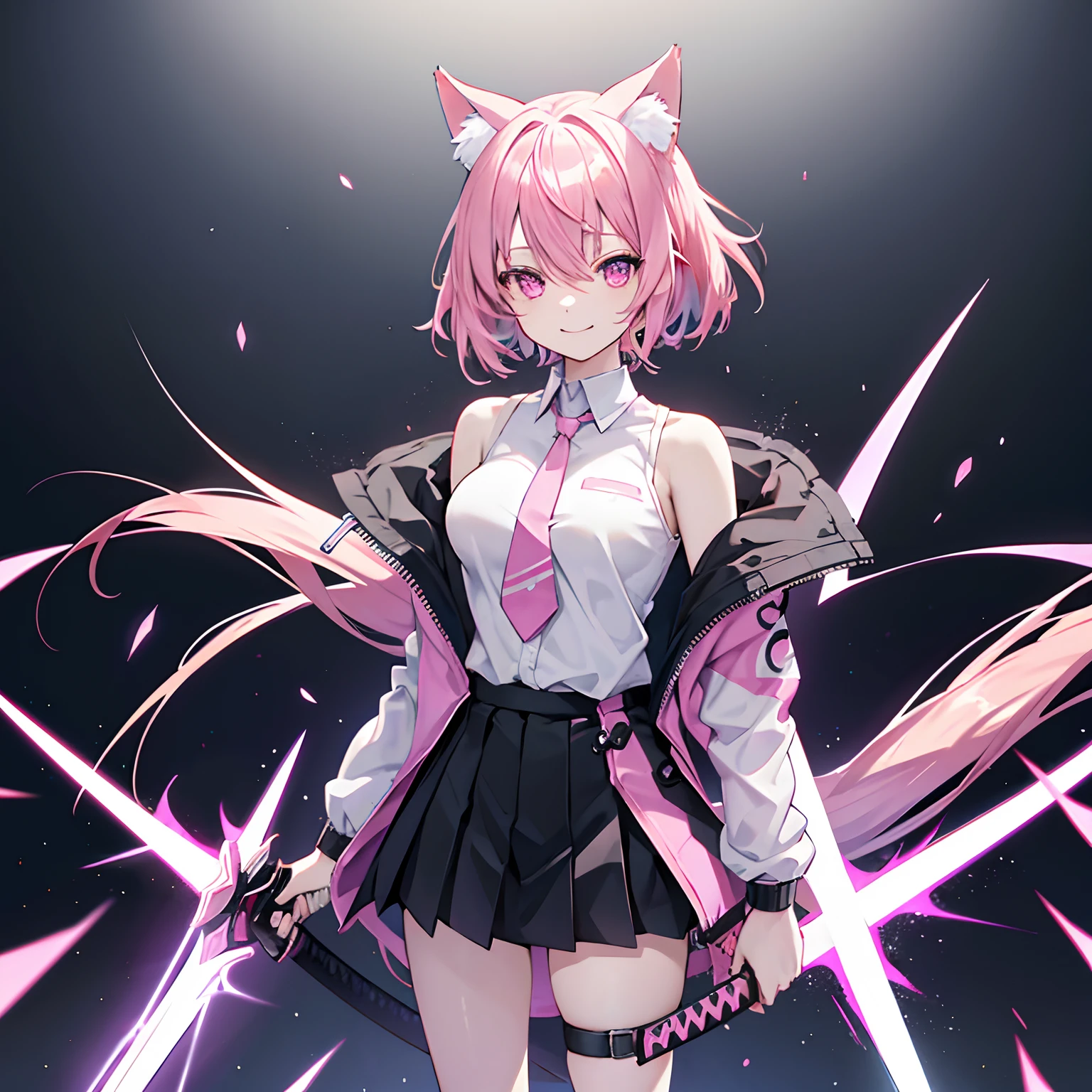 "anime girl, 1 person, pink hair, pink cat ears, pink eyes, women's shirt, tie, with takana twin swords on back, takana sword, women's black off-the-shoulder jacket, black miniskirt, big breasts , there are ice crystals flying around on his back, holding a sword, dual takana swords, smiling triumphantly, solo, frontal view, standing cross-legged .(full HD 4K+ image )"