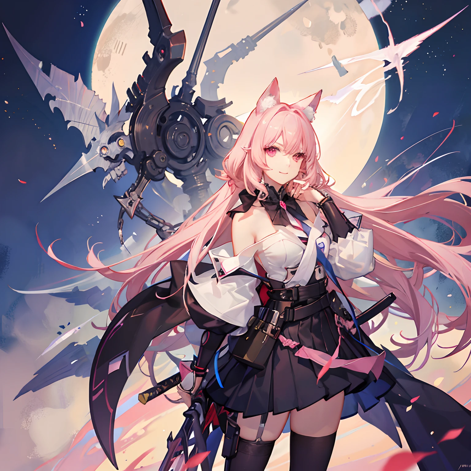 "anime girl, 1 person, pink hair, pink cat ears, pink eyes, women's shirt, tie, with takana twin swords on back, takana sword, women's black off-the-shoulder jacket, black miniskirt, big breasts , there are ice crystals flying around on his back, holding a sword, dual takana swords, smiling triumphantly, solo, frontal view, standing cross-legged .(full HD 4K+ image )"