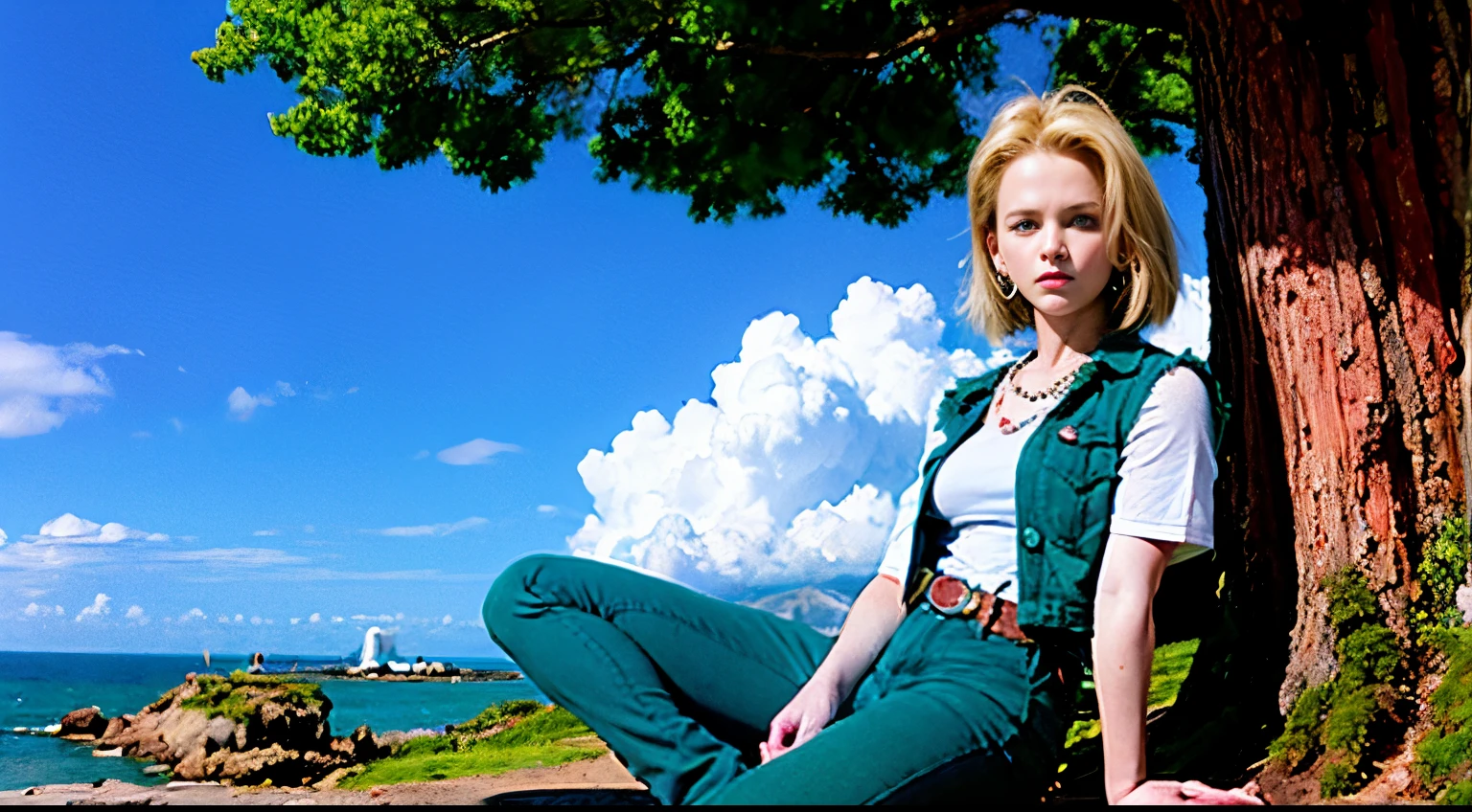 android18, 1girl, solo, short_hair, blue_eyes, blonde_hair, shirt, jewelry, sitting, green_eyes, white_shirt, short_sleeves, earrings, outdoors, sky, shoes, day, socks, belt, pants, cloud, necklace, vest, tree, blue_sky,  ocean, denim, jeans, rock, mountain, high-waist_pants, sitting_on_rock, android_18, large breast