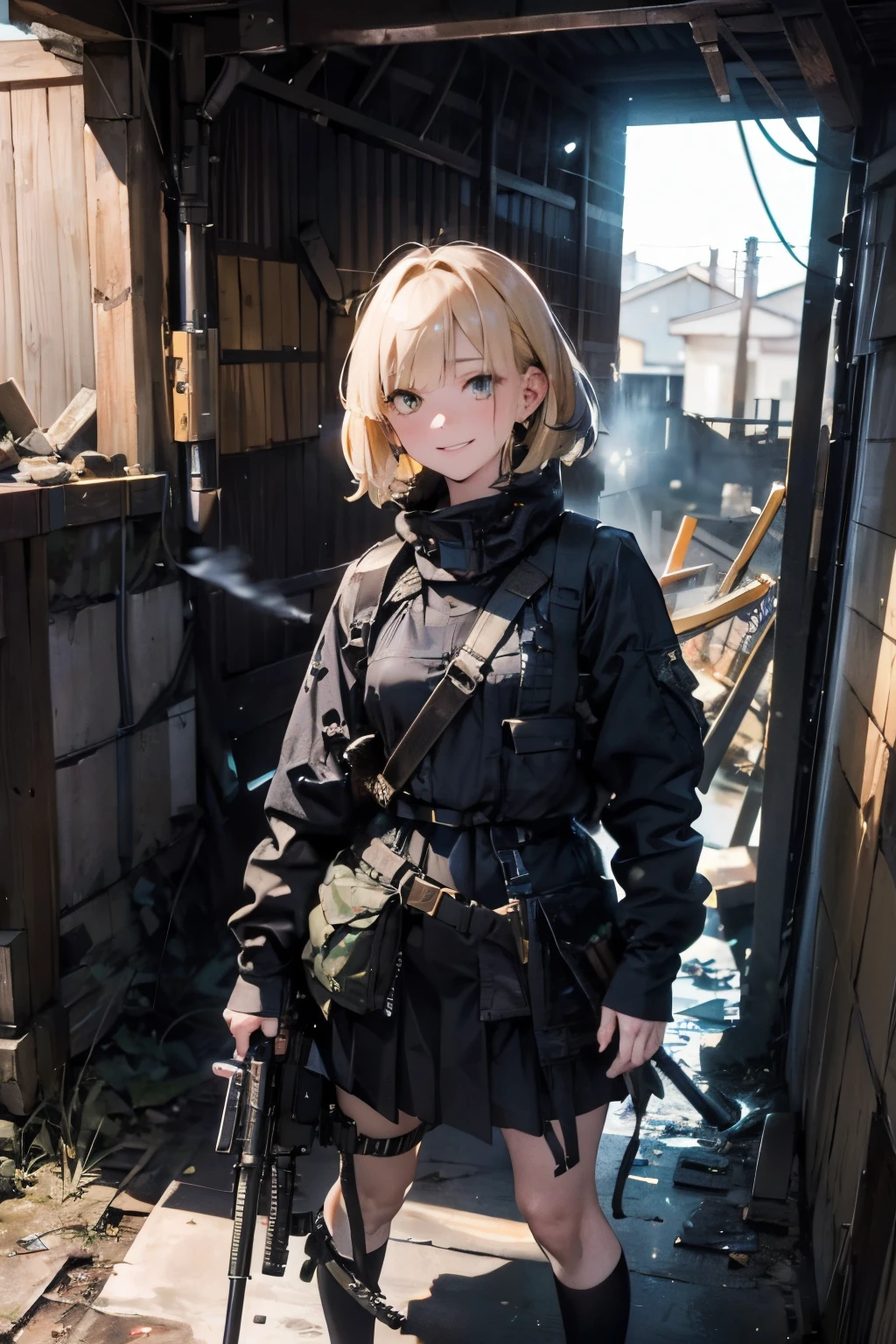 a 20 yo woman、a blond、A smile、turned around、(hi-top fade:1.3)、skirt by the、dark themed、Muted Tones、Subdued Color、highly contrast、(natural skin textures、Hyper-Realism、Soft light、sharp)、{{Masterpiece, top quality, highly detailed CG, unified 8k wallpaper, movie lighting, lens flare}}, 1 girl holding a rifle through the wall, wide view, thick body, long blonde hair soaring in the wind, green eyes, (holding a weapon, holding a rifle, aiming, aiming: 1.4), gun, h&k hk416, carbine, open fire, rubble, ruins of conflict areas, plumes, nitric smoke, blast waves, Flying bullets, sniper, 35mm, f/1.8, night