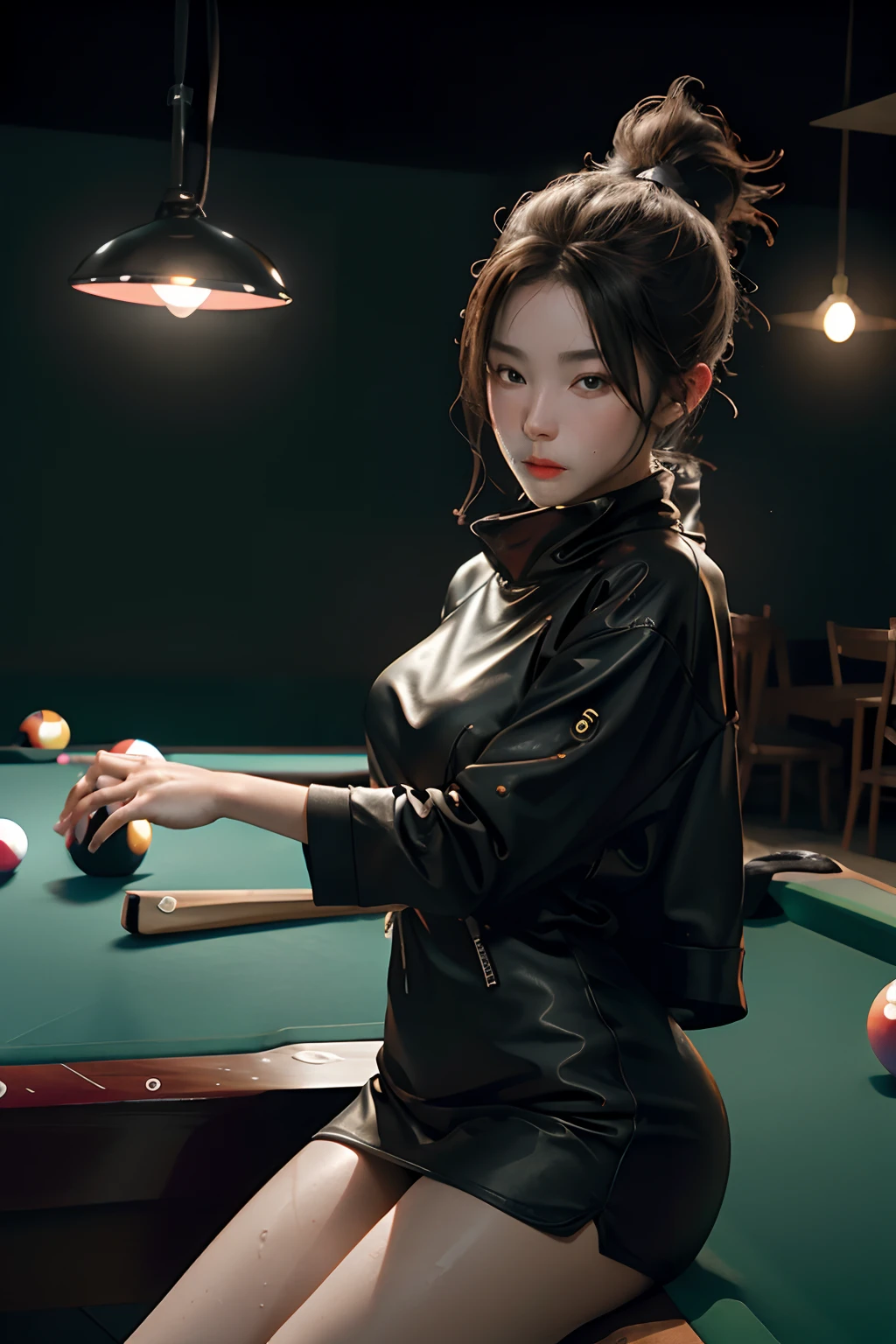 Tekken female character sexy latex outfit Curly hair huge bust, Standing at the pool table, clearly visible ass and full body, (8k, RAW photo, photorealistic: 1.25), (lots of lip gloss, lots of eyelashes, watery eyes, best quality, ultra high resolution, depth of field, chromatic aberration, caustic, wide light, natural color,