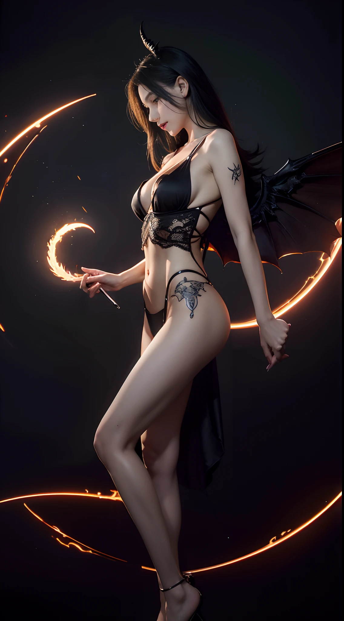 tmasterpiece, Best quality at best, (actual, Photorealistic:1.37), 8K, Extremely Delicately Beautiful, Amazing Cleavage, finely detailled, offcial art, hoang lap, Incredibly ridiculous, hugefilesize, ultra - detailed, The is very detailed,(Realistic skin), Beautiful and delicate girl, 1个Giant Breast Girl, (perfect women figure),The abdomen is elongated,mediuml breasts,full body pov,A demon girl, depth of fields, HighDynamicRange, The is very detailed, Ray traching, Full body lesbian, dark fantacy, Archdemon Wings, demon tail, Devil's Point, Demon Tatus, Sexy girl pose,Side view,Devil tattoo