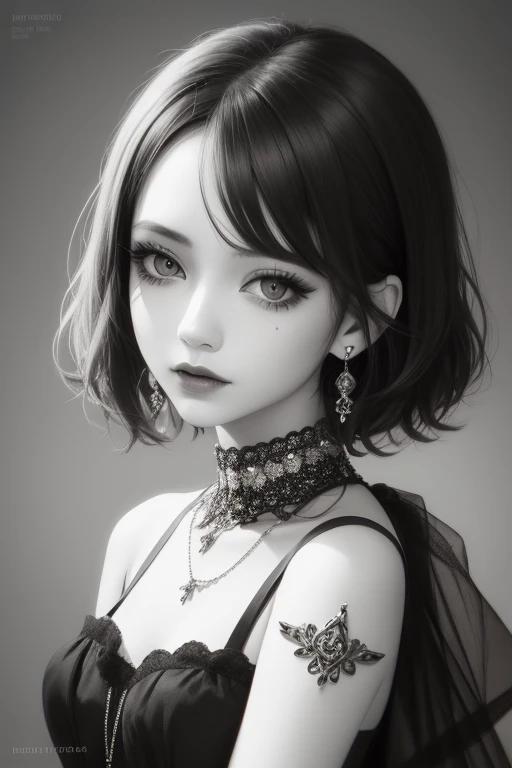Digiart style, 1girl in,Short hair,Jewelry, monochromes, grayscales,makeup, watermarked, Piercing