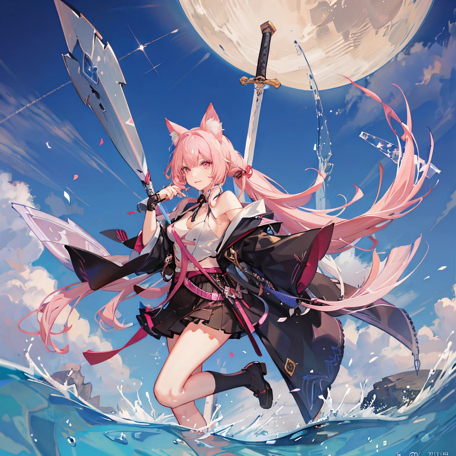 "anime girl, 1 person, pink hair, pink cat ears, pink eyes, women's shirt, tie, with takana twin swords on back, takana sword, women's black off-the-shoulder jacket, black miniskirt, big breasts  , there are ice crystals flying around on his back, holding a sword, dual takana swords, smiling triumphantly, solo, frontal view, standing cross-legged .(full HD 4K+ image )"