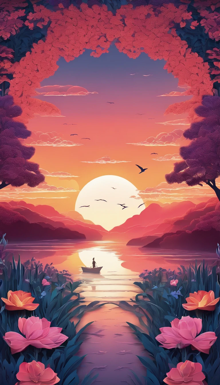 There is a beautiful sunset there, The hillside is covered with flowers and grass, Flowers are close at hand, Create brilliant sky, Surreal colors, colorful sunset, Create brilliant sky, Marvelous sky reflection, stunning skies, Fantastic atmosphere 8K, Colorful clouds, Reflection of colors on the lake, surreal sky, red and blue reflections, Flame reflection, beautiful sky, Beautiful and spectacular dusk, Beautiful dreamy landscape, stunning skies, leaving a lonely girl behind,