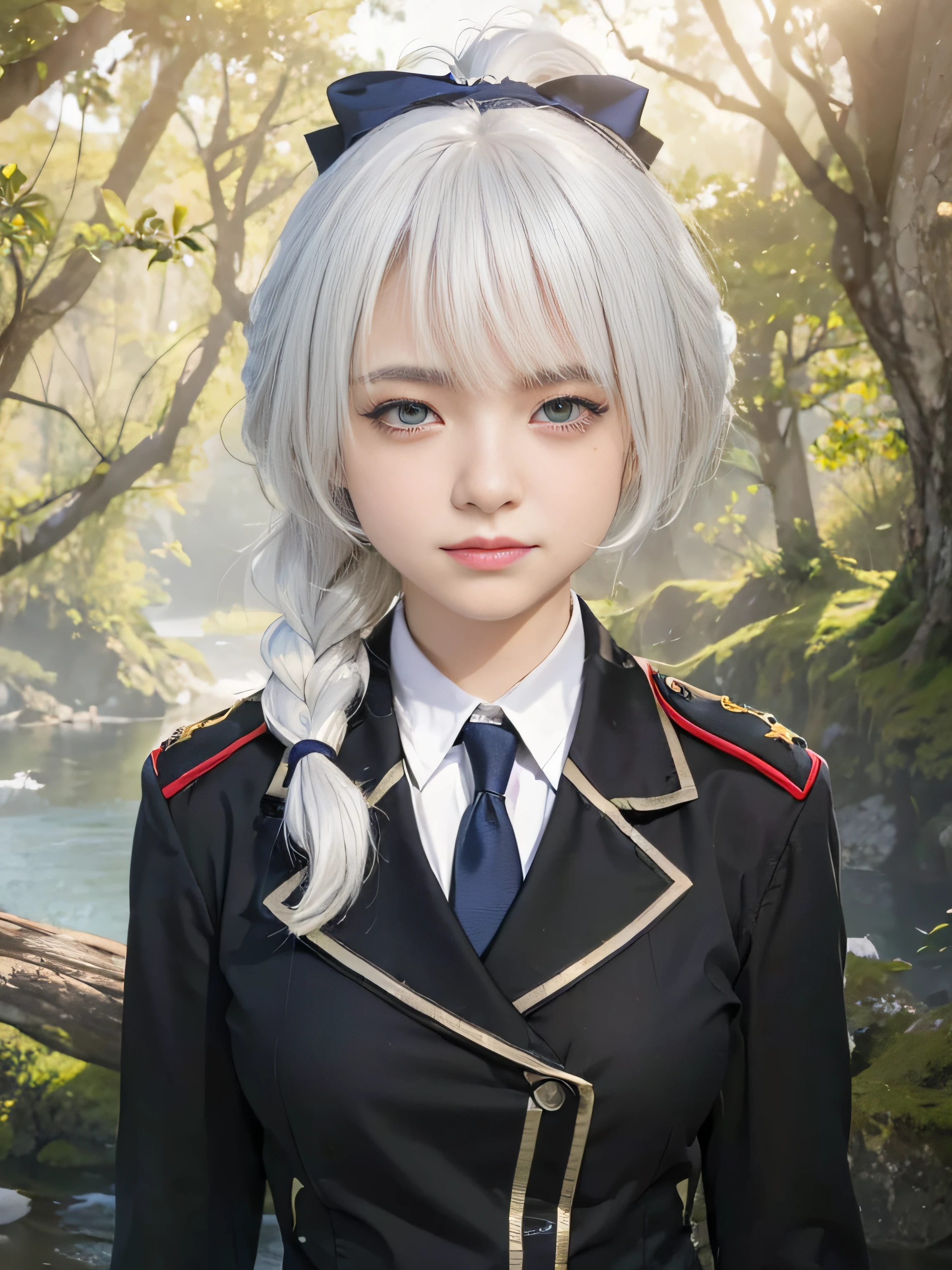 masterpiece, best quality, (realistic, photo-realistic:1.4), (RAW photo:1.2), extremely detailed CG unity 8k wallpaper, delicate and beautiful, amazing, finely detail, official art, absurdres, incredibly absurdres, huge filesize, ultra-detailed, extremely detailed, extremely detailed girl, extremely detailed eyes and face, light on face,(teen girl:1.7),little smile,(white hair:1.4),(white eyes:1.5),military uniform,blue ribbon,braided ponytail