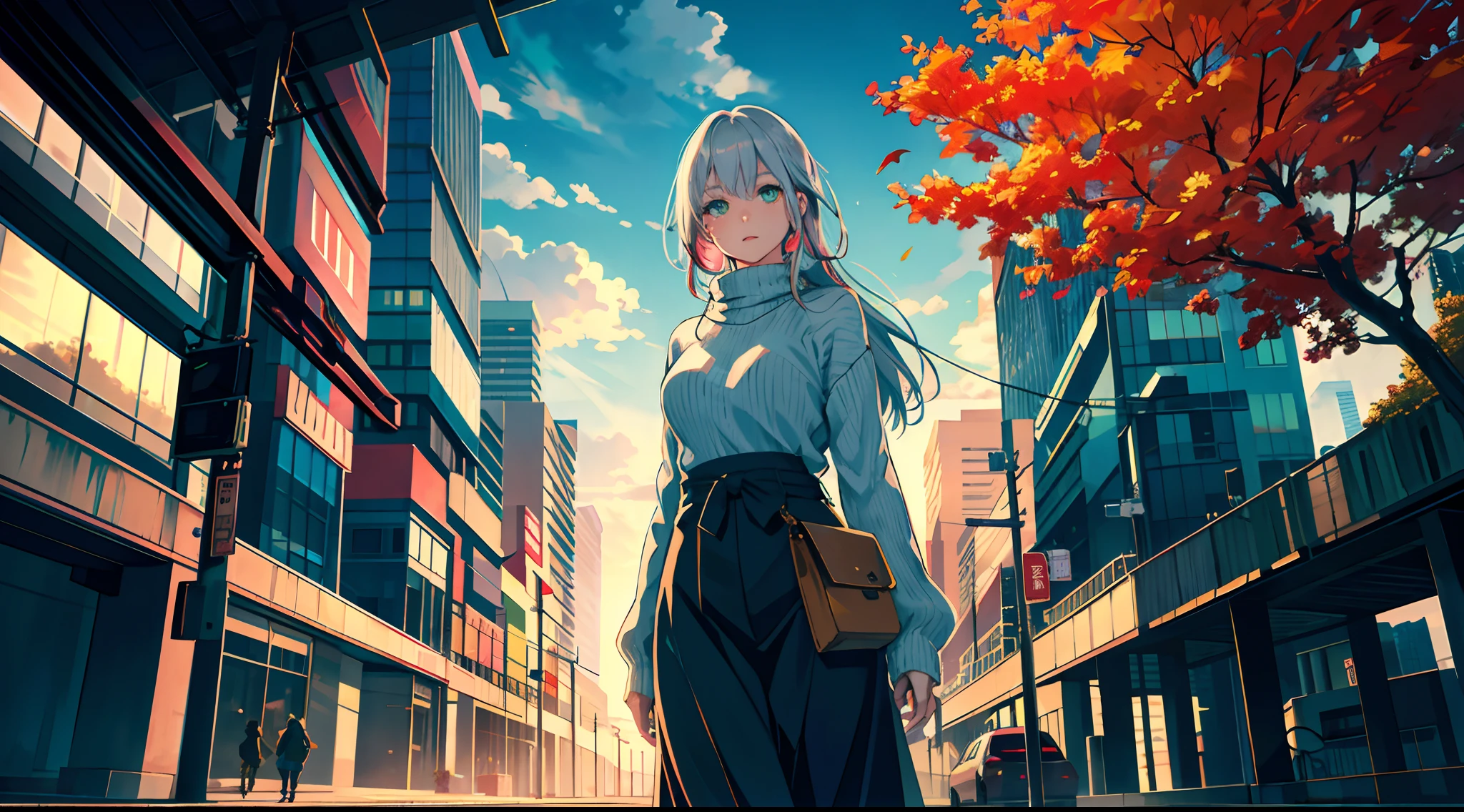 japan, highres, highest quallity, illustration, ultra detailed, (detailed face), (detailed eyes), soft lighting, best quality, hazy glow, dreamy atmosphere, hyper detailed, masterpiece, 1girl, solo, silver hair, green eyes, knitwear, luminous eyes, medium breasts, (colorful), cowboy shot, from below, outdoors, morning, clouds, tall buildings in background, industrial, public transportation, urban, concrete buildings, concrete, sidewalk, busy, trees, autumn, falling leaves,