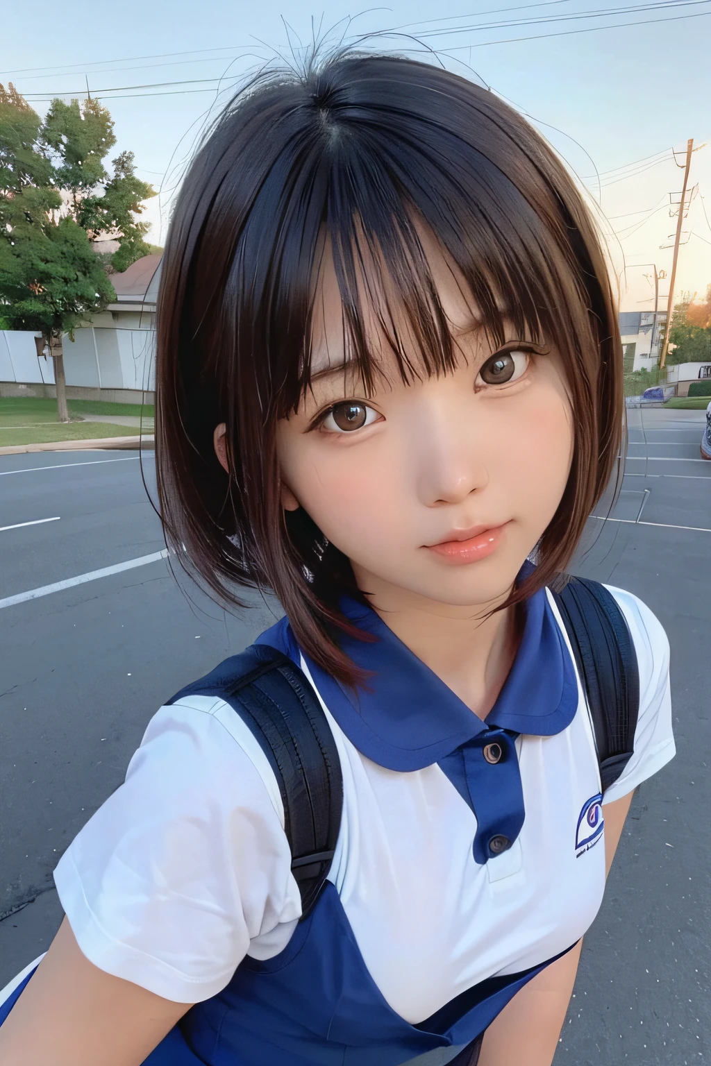 Beautiful schoolgirl staring at camera, short cut, face up shot, summer clothes, puberty, dusk, frontal, portrait