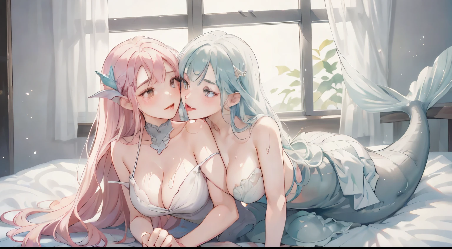 Dynamic hair, Long straight hair, Delicate platinum-pink hair, two beautiful women, with detailed pretty faces with pastel colored eyes, who are mermaids with white-colored fishtails with fish scales, pastel-colored mermaid tails, perfect lower body tail (fish), fish-like lower bodies, slim upper bodies, extravagant fins on tails, scaly fishtails, each girl has different hair colors, black and white colored long curly hairs, passionately making out in a bed with white sheets, stripping each other's clothes off, very sexy, pleasured while rubbing their hands on each other, kissing lustfully while blushing and embarrassed, dripping saliva from their tongue and lips, with messy and see-through wet clothes, breast curtains, porcelain dress, ?????? transparent slip dress, blushing in an intimate moment, cuddling with each other, stimulating each other's nipples, licking boobs, laying on top of each other, shimmering white, full body view, pure white, elegant white, detailed drawing, extremely detailed drawing.