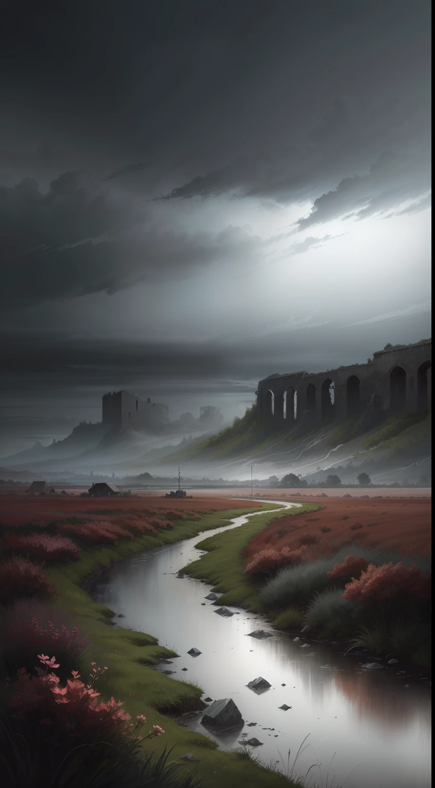 generate an illustration of a ruined landscape in the magical realism genre, with serene grey clouds and a melancholic but hopeful atmosphere,