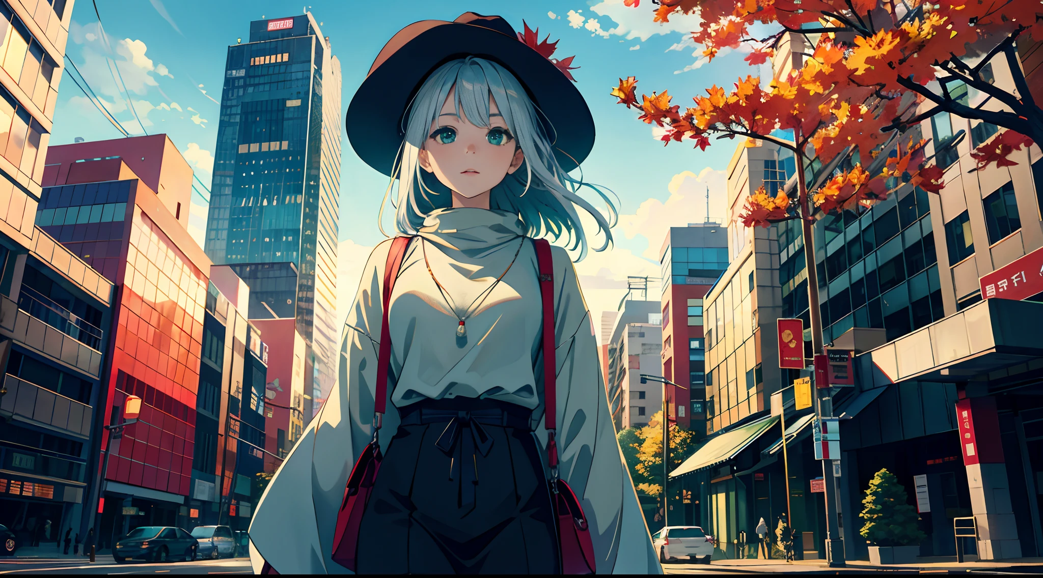 japan, highres, highest quallity, illustration, ultra detailed, (detailed face), (detailed eyes), soft lighting, best quality, hazy glow, dreamy atmosphere, hyper detailed, masterpiece, 1girl, solo, silver hair, green eyes, knitwear, luminous eyes, medium breasts, (colorful), cowboy shot, from below, outdoors, morning, clouds, tall buildings in background, industrial, public transportation, urban, concrete buildings, concrete, sidewalk, busy, trees, autumn, falling leaves,