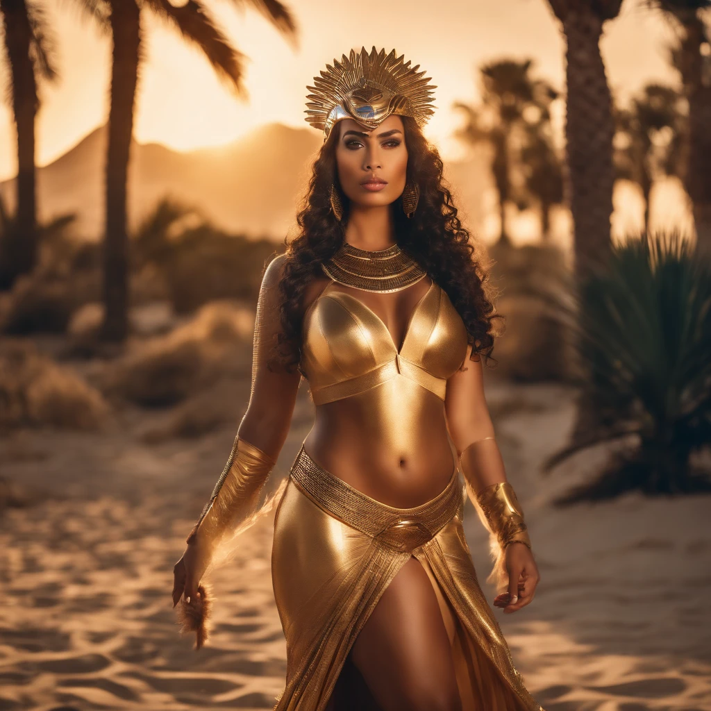 best quality, portrait of a beautiful, curvy woman with in futuristic headdress inspired by an ancient egypt queen Cleopatra, normal skin type, slightly brown skin, snake, gold, silver, stones, scarab beetle, microchips, integrated electric circuits, cabels, electric glow, retro futurism, beach in sunset, warm glowing sunset, palm trees, mecha-girl, human machine integration, long skirt in gold, in her hand she is holding a golden spire, posing by a palm tree, full body