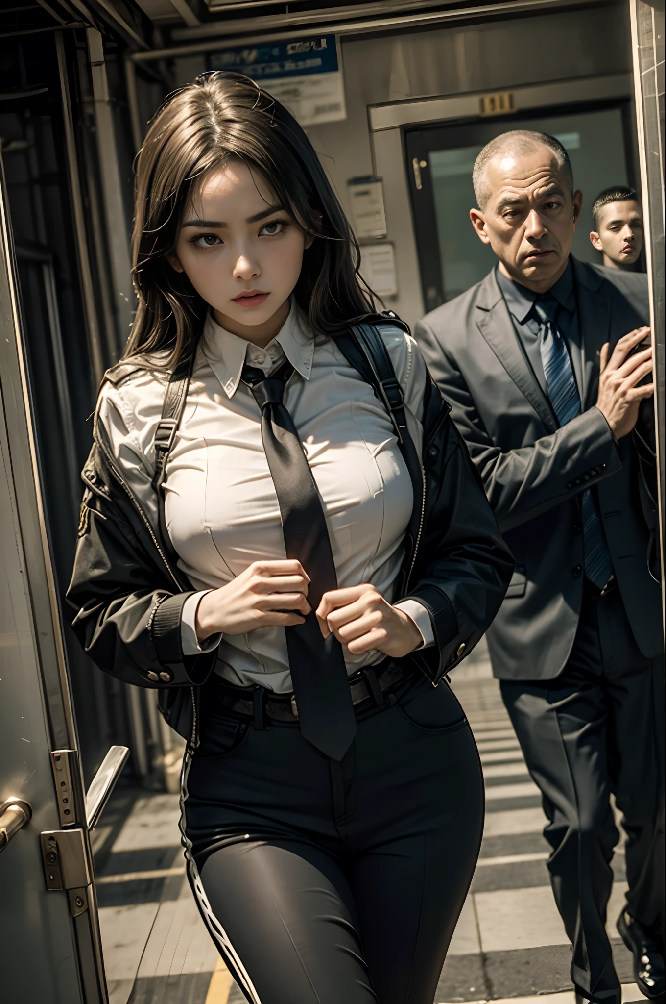 the met、Female Detective、chasing the criminal、((Desperate face))、Running、Sweat flows、suits、tie handcuffs、Batons