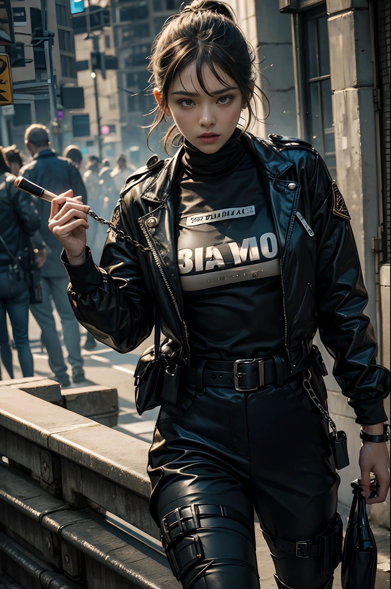 the met、(((Female Detective)))、chasing the criminal、((Desperate face))、((exclamation))、Running、Sweat flows、Cuffed、Batons、