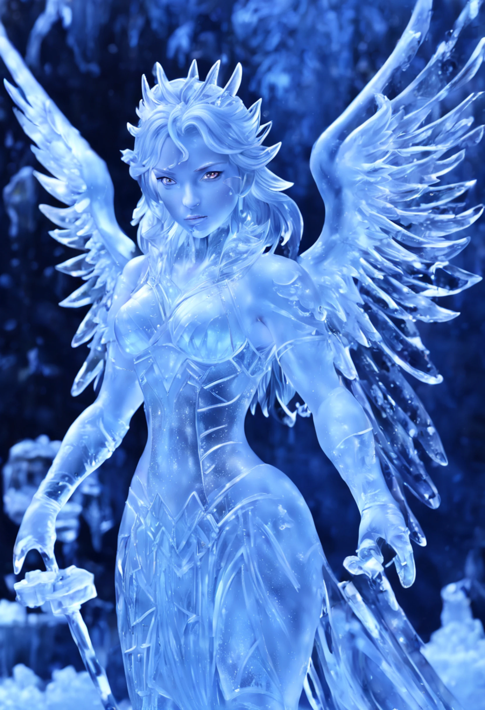 8K, Ultra HD, DSLR, high quality, high resolution, Stunning, (incredible masterpiece: 1.3) (realistic photography), full body, 1girl, sirene flying on sky, smiling, vampire fang, white feathers, blue reflected lighting, perfect composition, cinematic light, intricate detail, highly detailed.