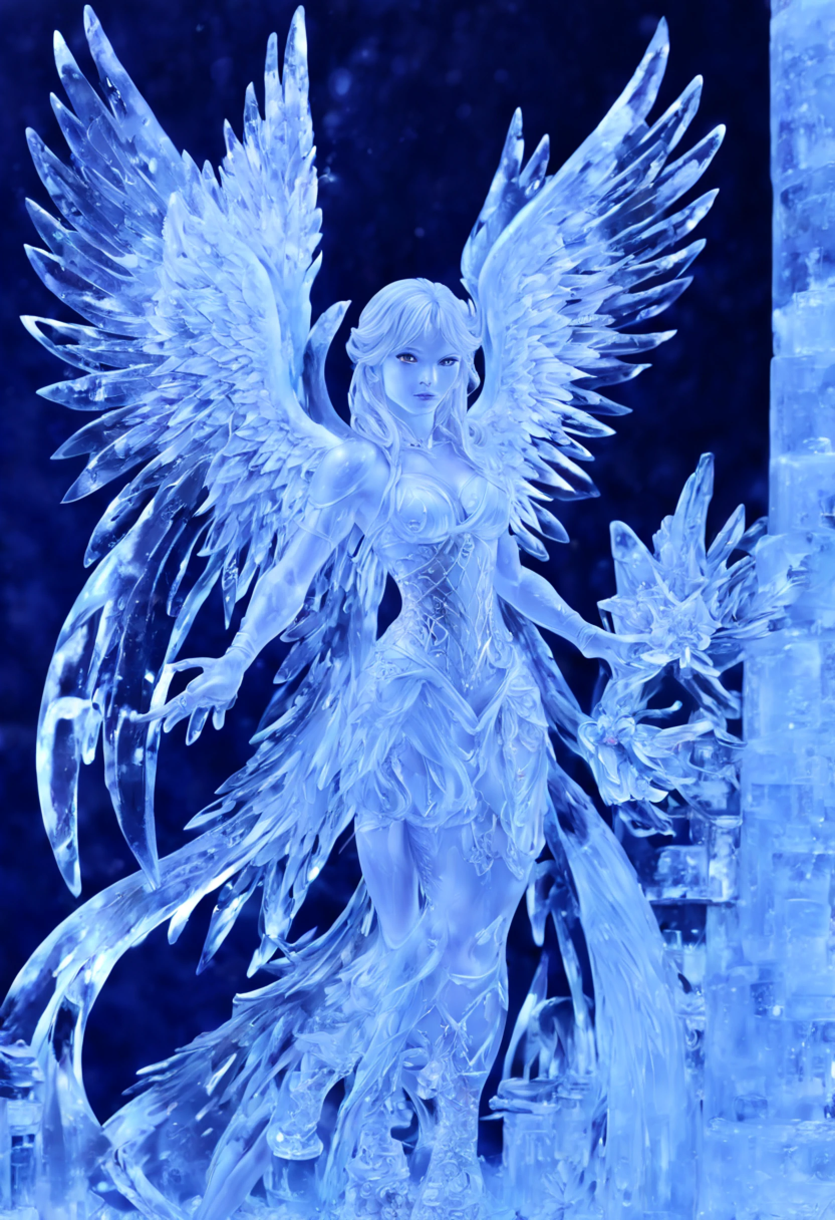 fantasy art, RPG art, PEIceSculpture a picture of an (ice sculpture: 1.5) (ultra detailed, Masterpiece, best quality: 1.4) of an (icy: 1.4) female angel (ultra detailed, Masterpiece, best quality: 1.3) spread angel wings angel_wings (ultra detailed, Masterpiece, best quality: 1.3) made from ice, fiery halo red fire, flame hair, fantasy temple background best quality, 16k, [ultra detailed], masterpiece, best quality, (ultra detailed), full body, ultra wide shot, photorealistic