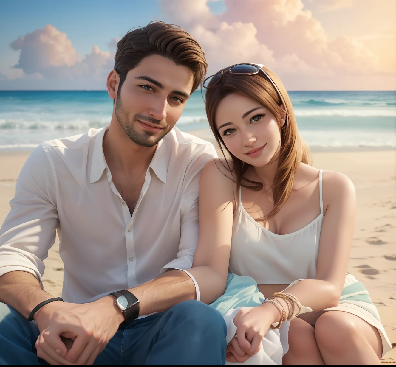 there are two people sitting on a beach together, lovely couple, couple pose, foto realistic, realistic picture, couple, realism artstyle, high quality fanart, happy couple, photorealistic!!!!!!! art style, realistic cartoon, by Abidin Dino, ( ultra realistic ), super realistic, attractive girl, romantic couple, handsome girl, sakimi, realism art, realistic person