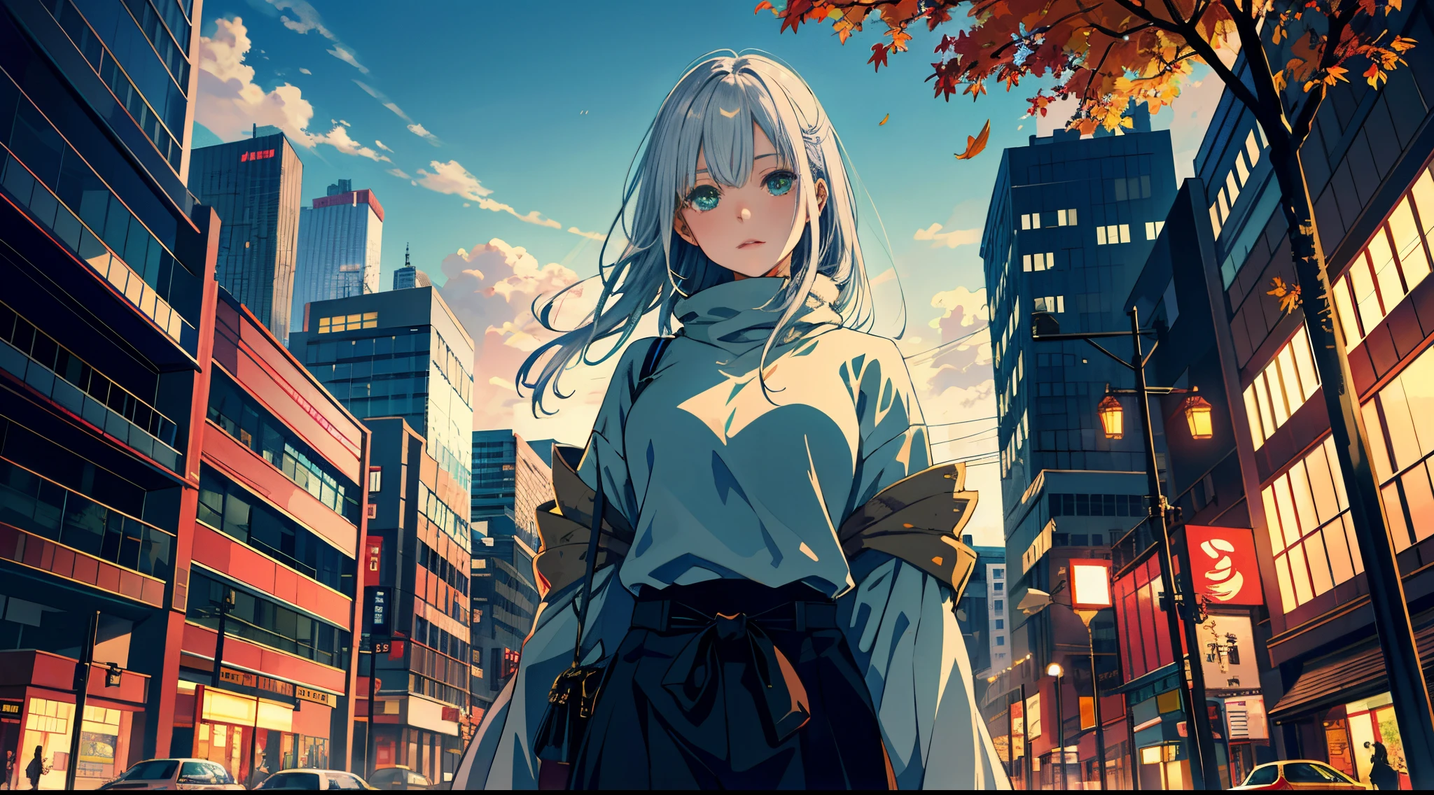 japan, highres, highest quallity, illustration, ultra detailed, (detailed face), (detailed eyes), soft lighting, best quality, hazy glow, dreamy atmosphere, hyper detailed, masterpiece, 1girl, solo, silver hair, green eyes, knitwear, luminous eyes, medium breasts, (colorful), cowboy shot, from below, outdoors, morning, clouds, tall buildings in background, industrial, public transportation, urban, concrete buildings, concrete, sidewalk, busy, trees, autumn, falling leaves,