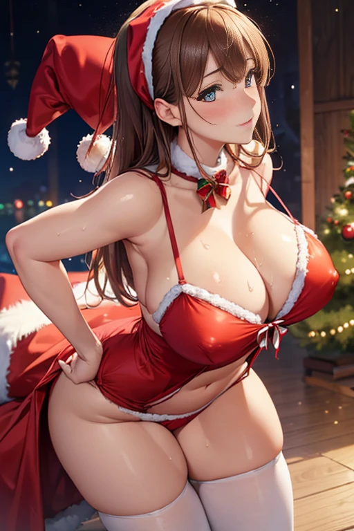 (High quality, High resolution, Fine details, Realistic), Ministry, (Leaning forward, Side view), wearing a santa costume with the front open, Underwear, Solo, Adult Woman, (Sparkling eyes, Detailed eyes), blush, Colossal tits，Large breasts, Sweat, Oily skin, Shallow depth of field, Full body portrait