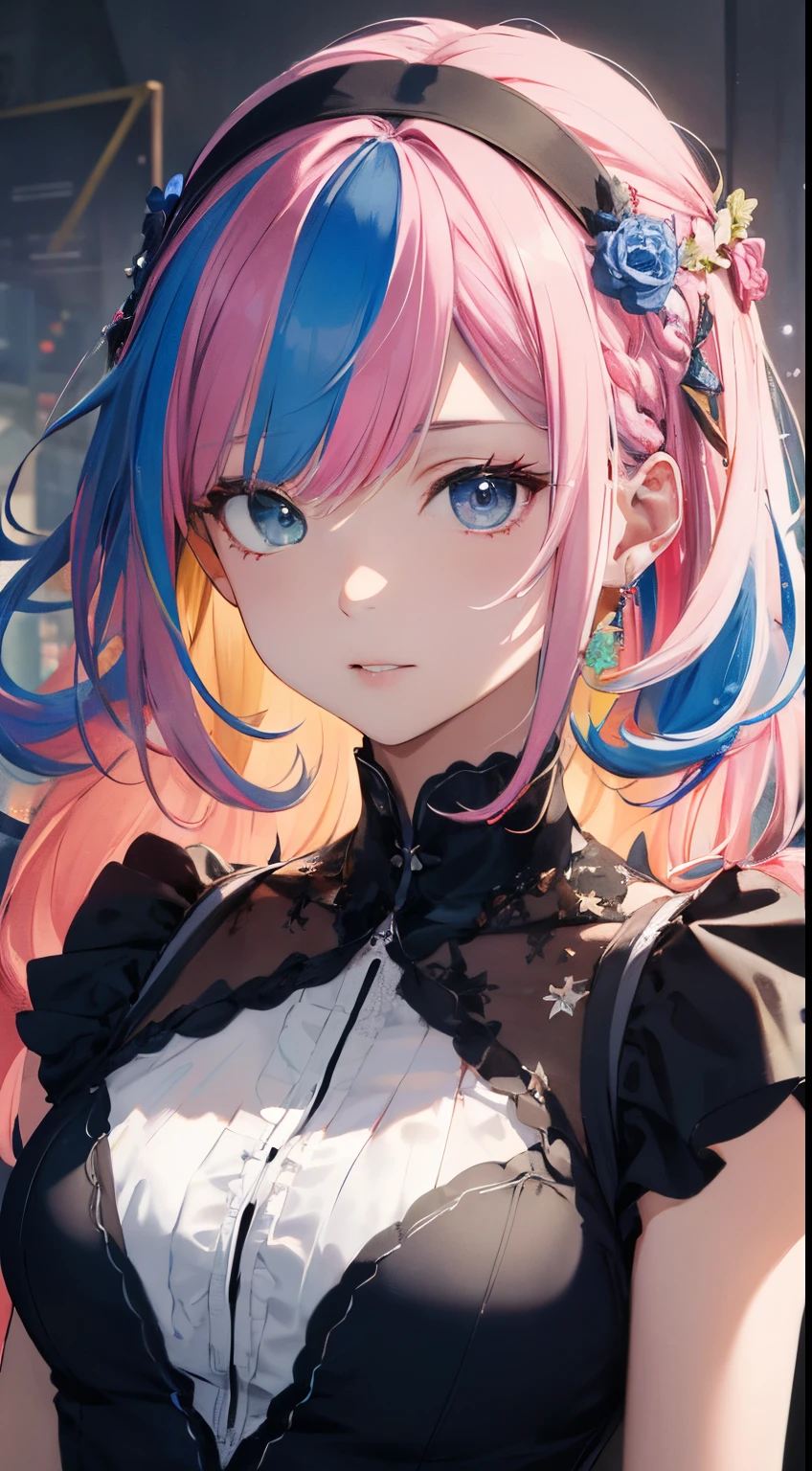 ((masterpiece best quality:1.4)), ((masutepiece, Best Quality)), (The 8k quality), (Detailed background:1.3), (Detailed face:1.3), (Cute age woman, Solo),Beautiful portrait、Delicate body、(Fractal art:1.3)、The upper part of the body、look up to、patterns、(rainbow-colored hair、colourful hair、Half blue and half pink hair:1.2)、Eau、liquids、云、colourfull、house