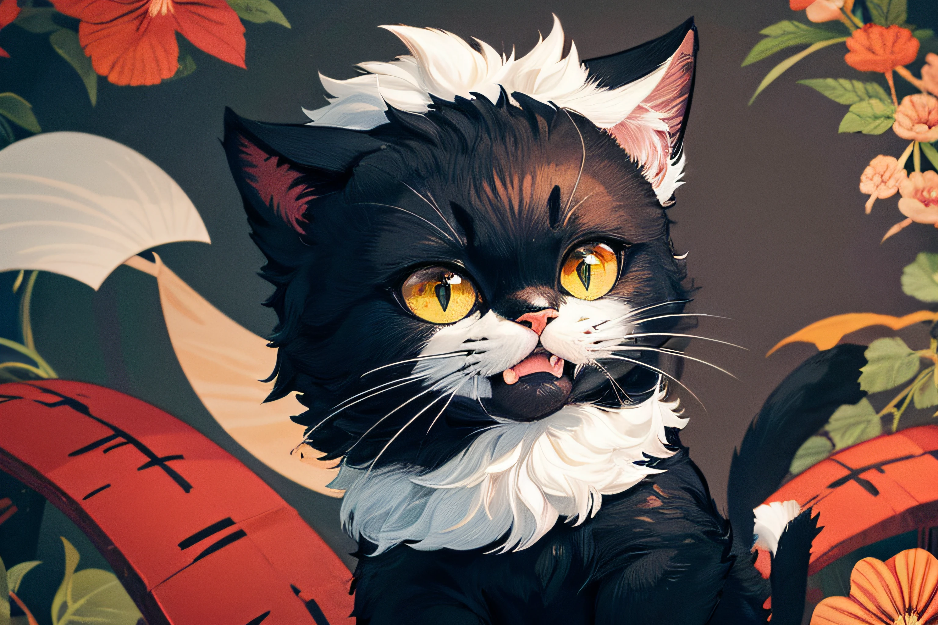 Crie um papel de parede com gato preto cyperpunk em meio a natureza