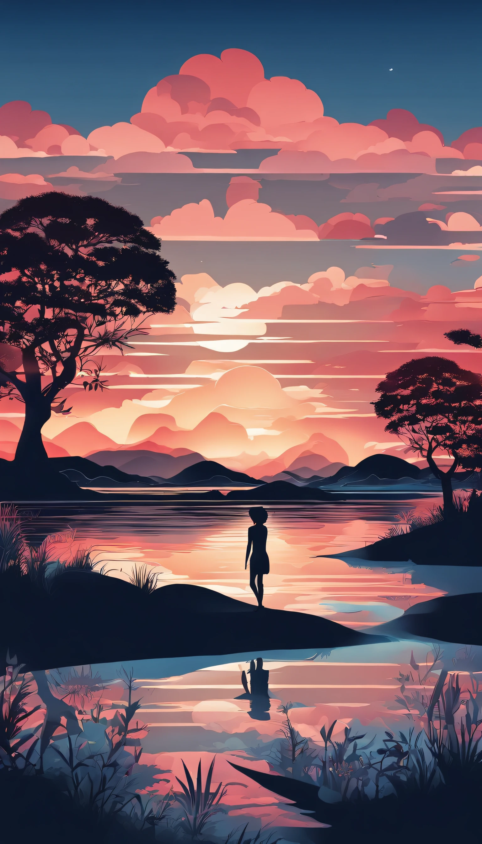 There is a beautiful sunset there, The hillside is covered with flowers and grass, Flowers are close at hand, Create brilliant sky, Surreal colors, colorful sunset, Create brilliant sky, Marvelous sky reflection, stunning skies, Fantastic atmosphere 8K, Colorful clouds, Reflection of colors on the lake, surreal sky, red and blue reflections, Flame reflection, beautiful sky, Beautiful and spectacular dusk, Beautiful dreamy landscape, stunning skies, leaving a lonely girl behind,