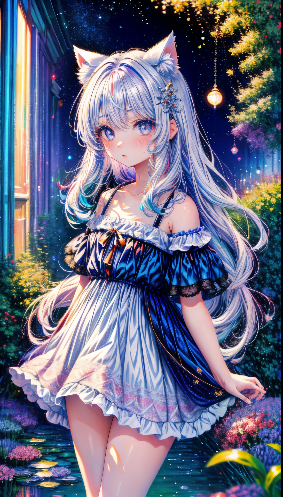 (masterpiece, high quality, highres,Highest picture quality),
BREAK
blurry background, (colorful:0.7), (eyes focus:1.2), looking at viewer, upper_body, fisheye, (indoors:1.1), cuteg, warm light, cute cat ears,
BREAK
1loli, standing, solo, ^ ^, (leaning_forward:1.1), arms_behind_back, (wide-eyed:1.1), head_tilt, bare shoulders, small breasts, long eyelashes, collarbone, (blush:0.95),
BREAK
shiny skin, shiny hair,(bright pupils:1.1),Curious,detailed eyes,hair ornament, long hair, two side up hair,white hair, upskirt, shiny eyes,