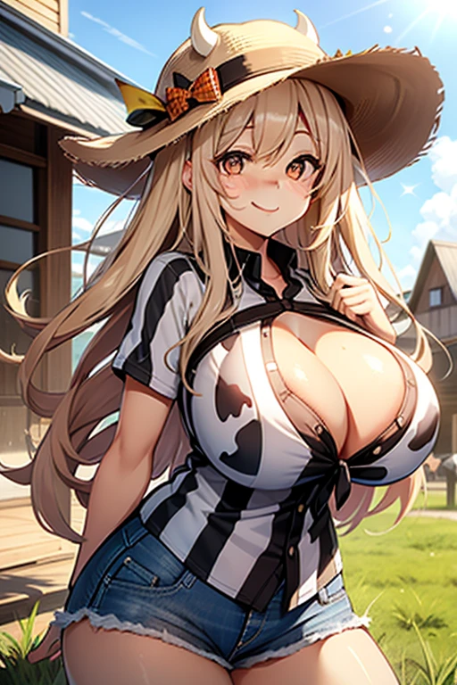best quality, expressive eyes, perfect face, cow girl, cow girl hat, micro shorts, plaid shirt, skimpy, cow ears, cow tail, provocative, attractive, seductive, sexy, farm, town, black long hair, huge breasts, orange eyes, embarassed, happy, soft smile, smile, sun tan,